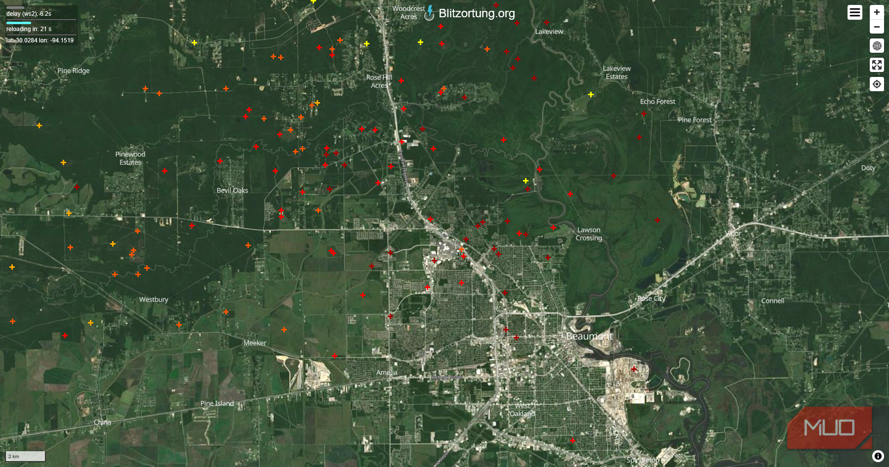 Blitzortung live map with real time lightning strikes over Beaumont