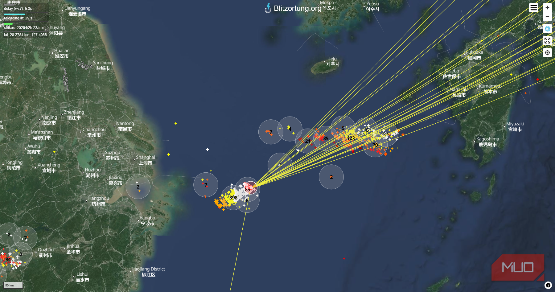 Blitzortung real time map with lightning strike counts China and Taiwan