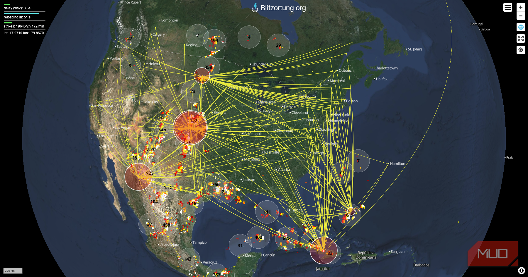 Blitzortung live global map showing lightning strikes and stations