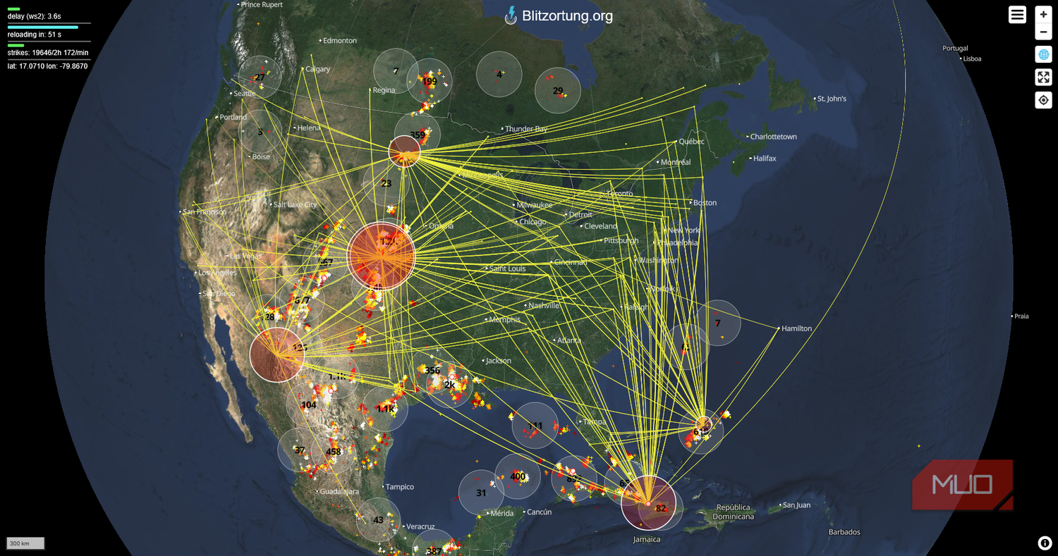Blitzortung live global map showing lightning strikes and stations