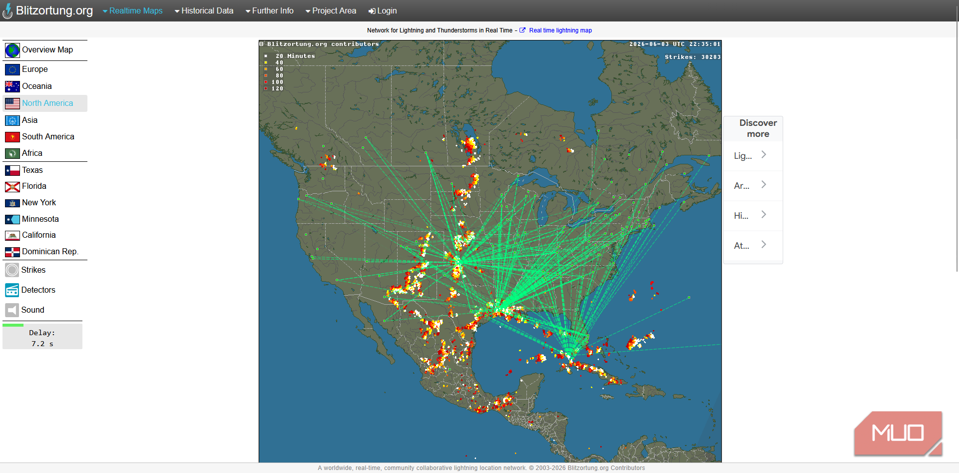 Blitzortung static lightning map showing station connectors