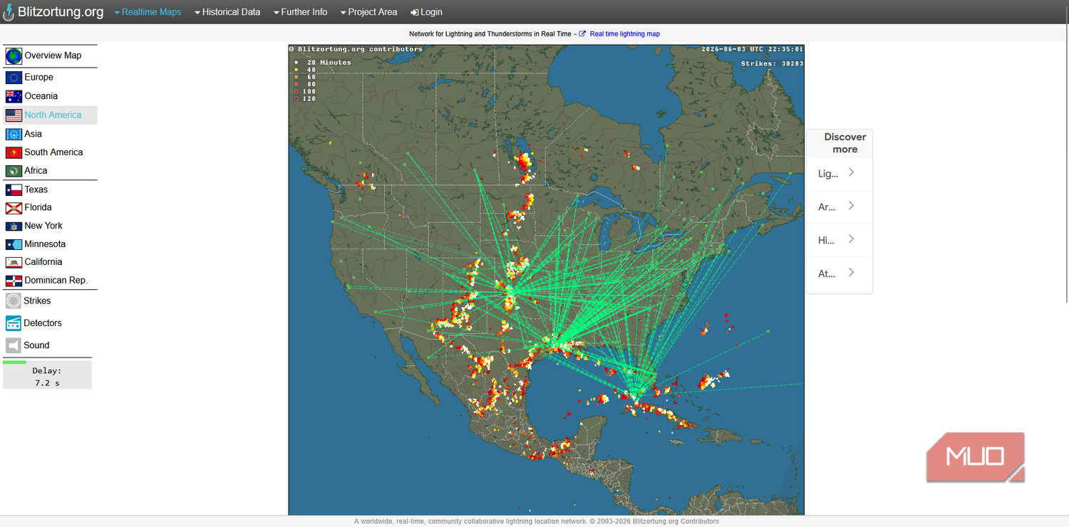 Blitzortung static lightning map showing station connectors