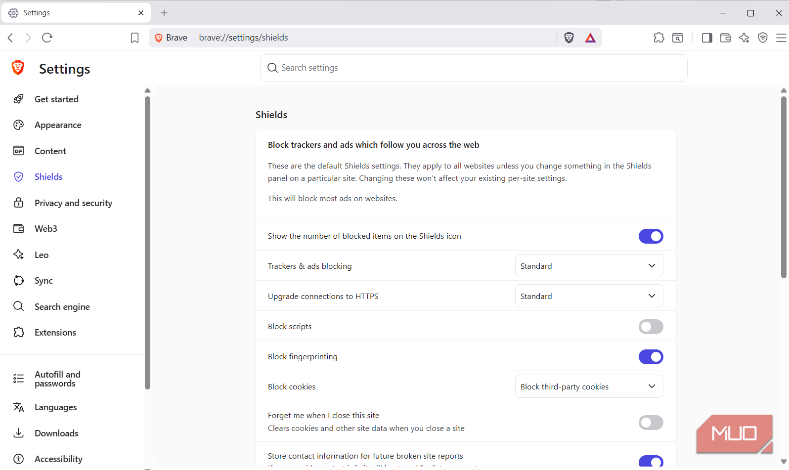 Brave Shields settings page
