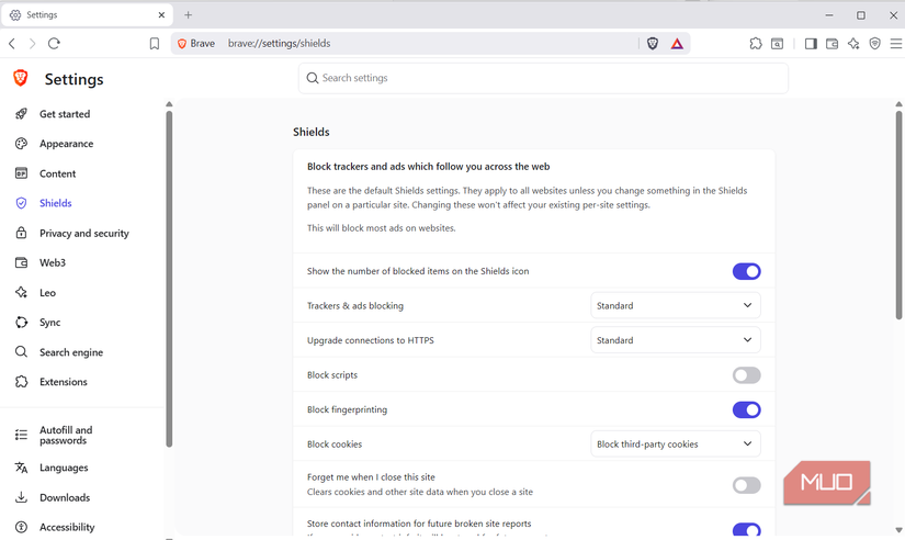 Brave Shields settings page