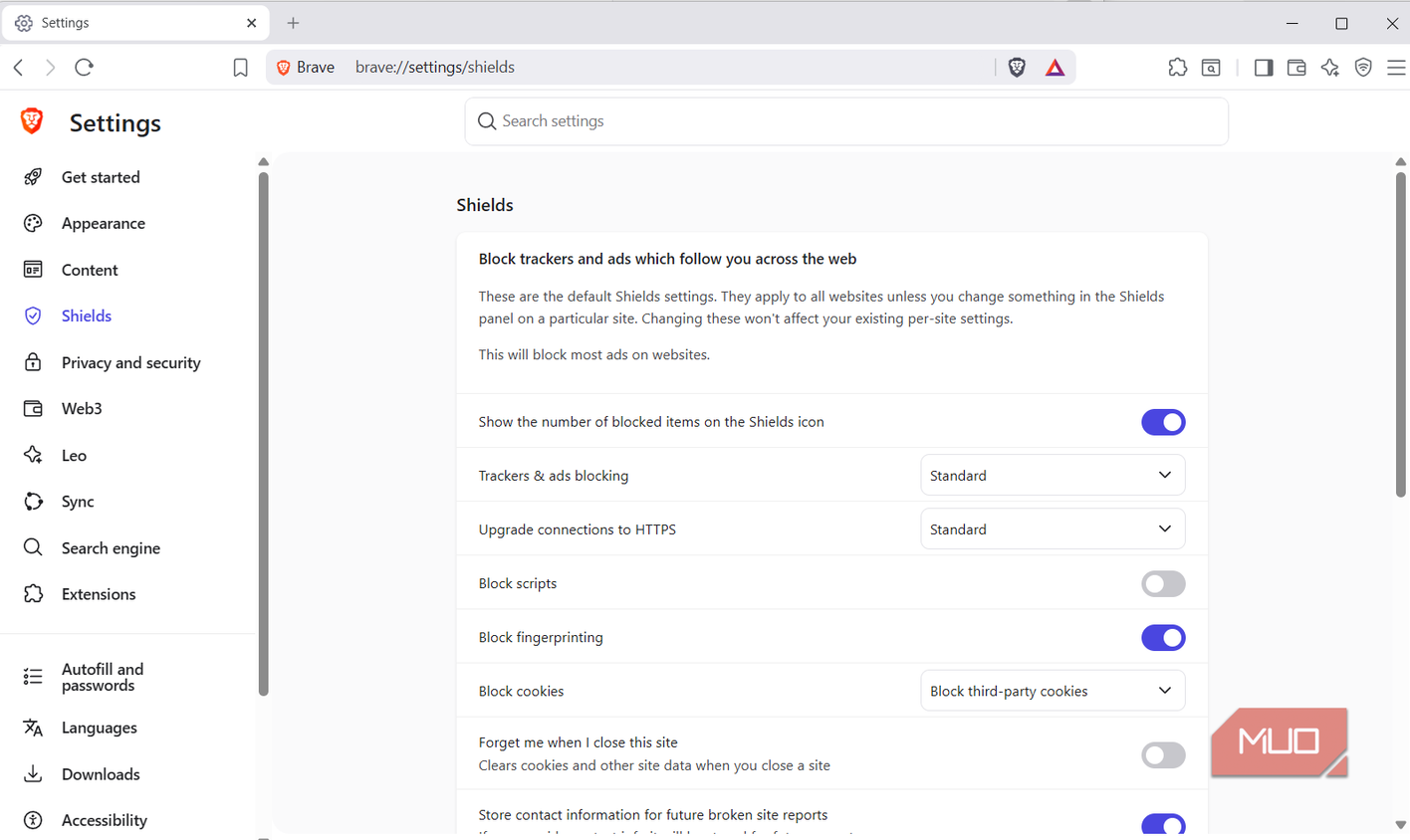 Brave Shields settings page