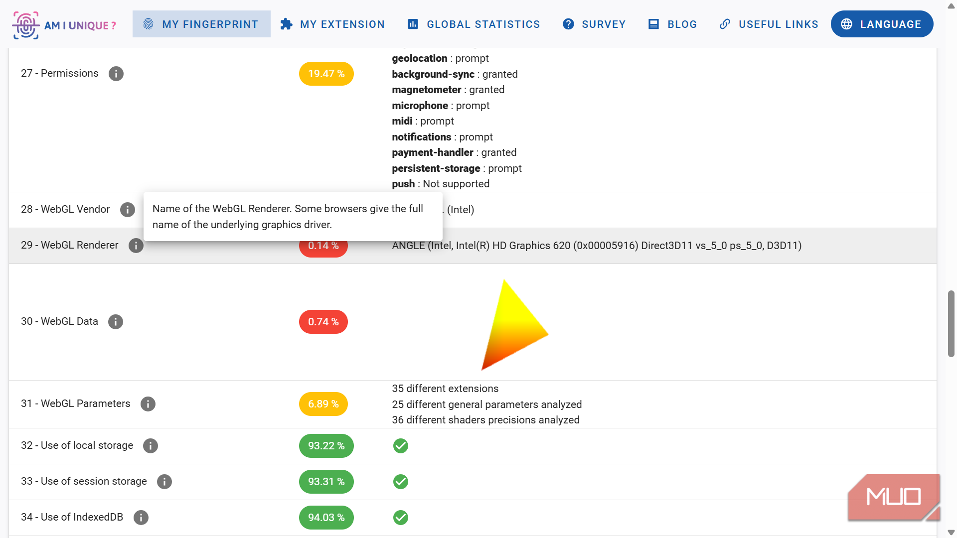 Browser permissions and WebGL details