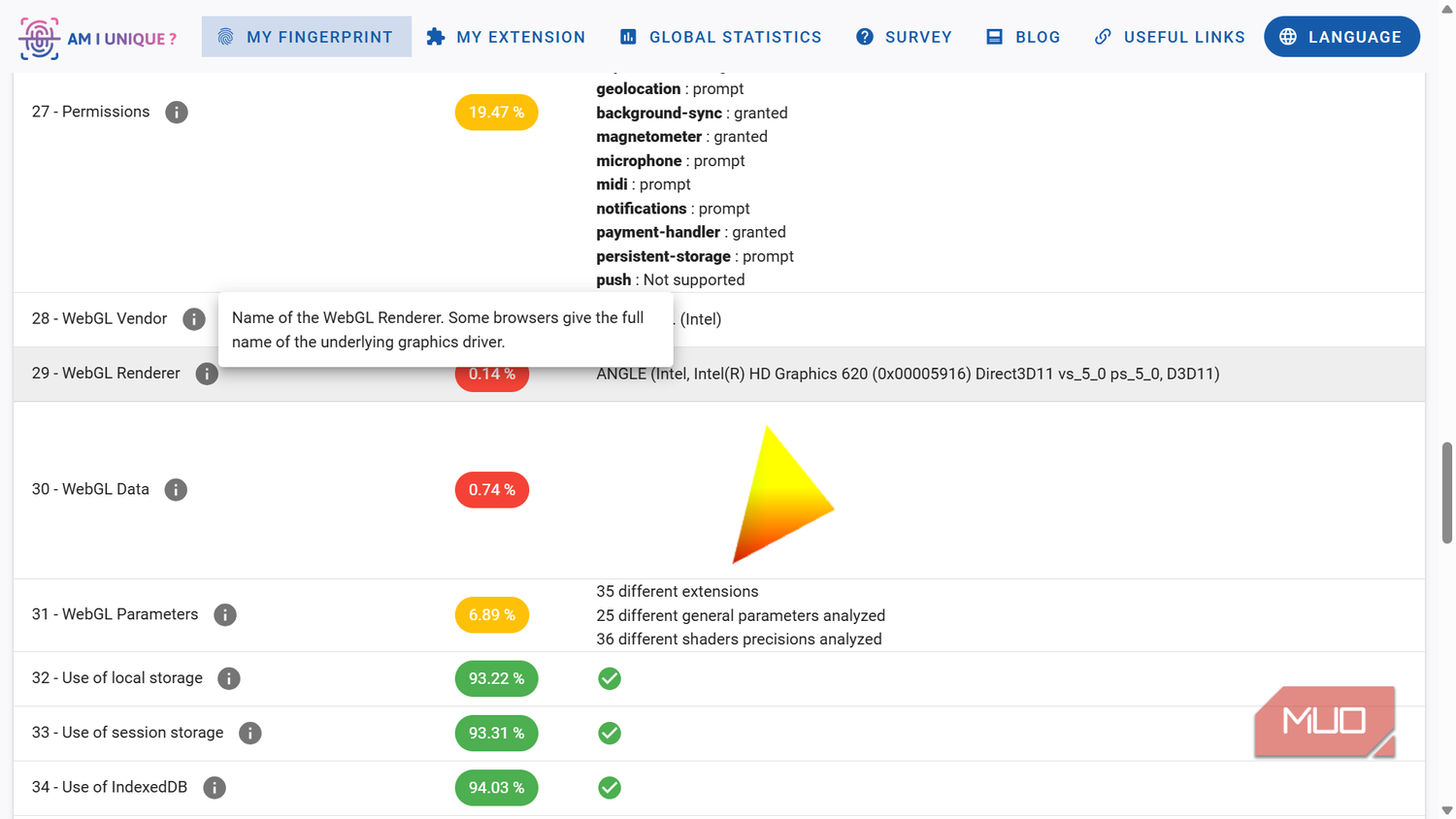 Browser permissions and WebGL details