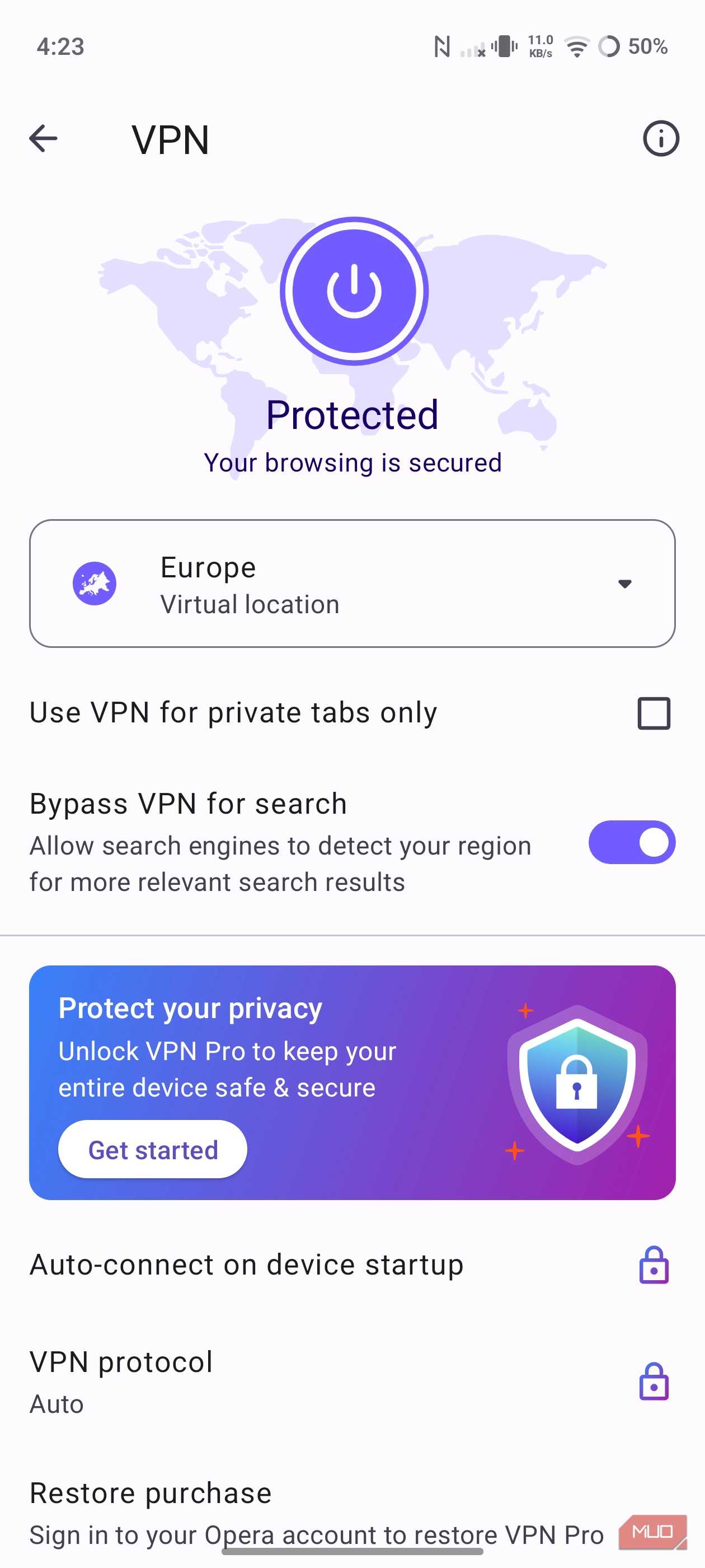 Built-in VPN feature in Opera browser