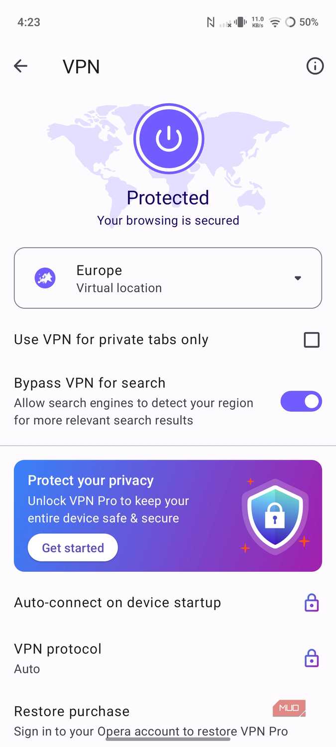 Built-in VPN feature in Opera browser