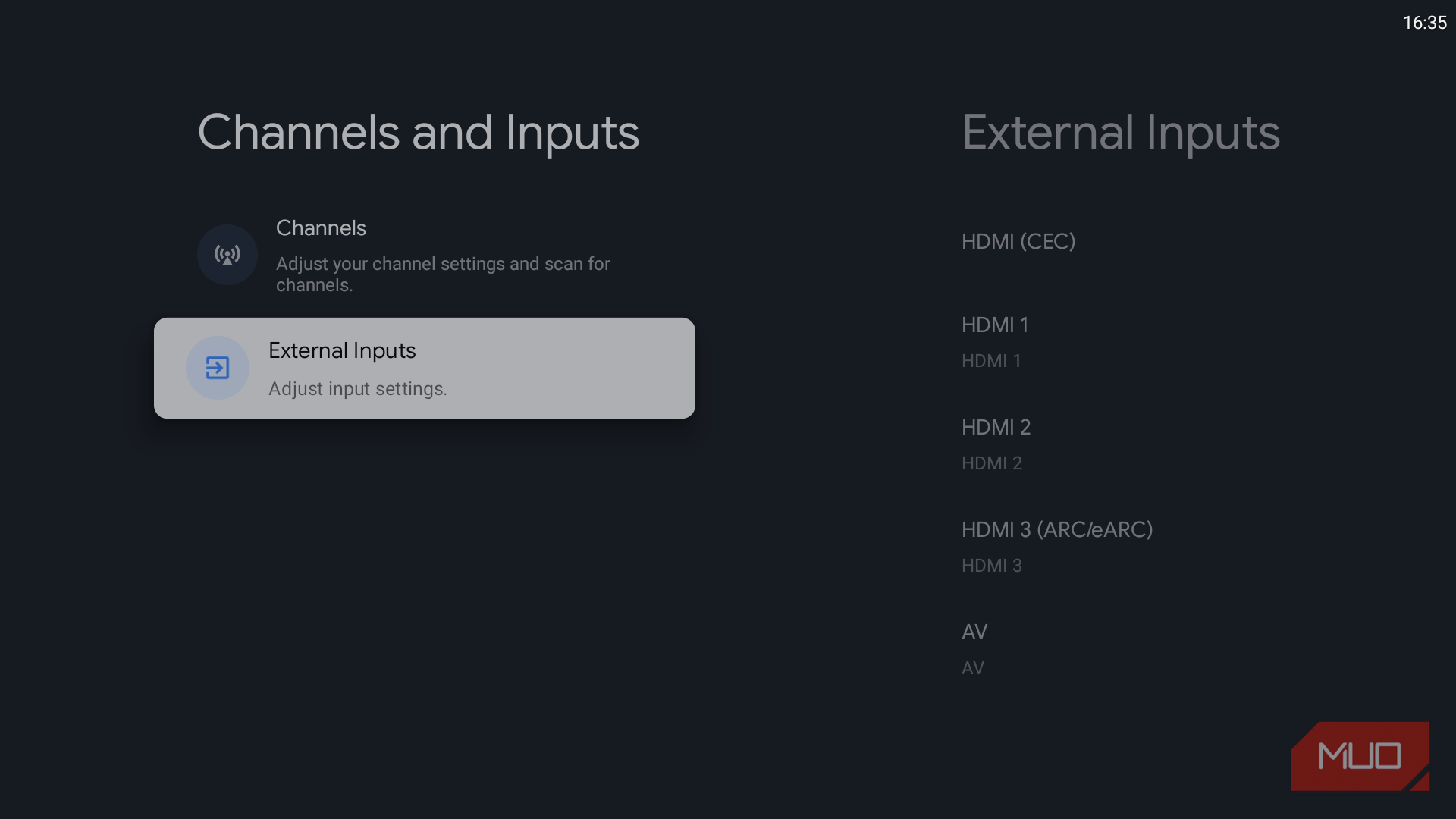 Channels and inputs setting on TV
