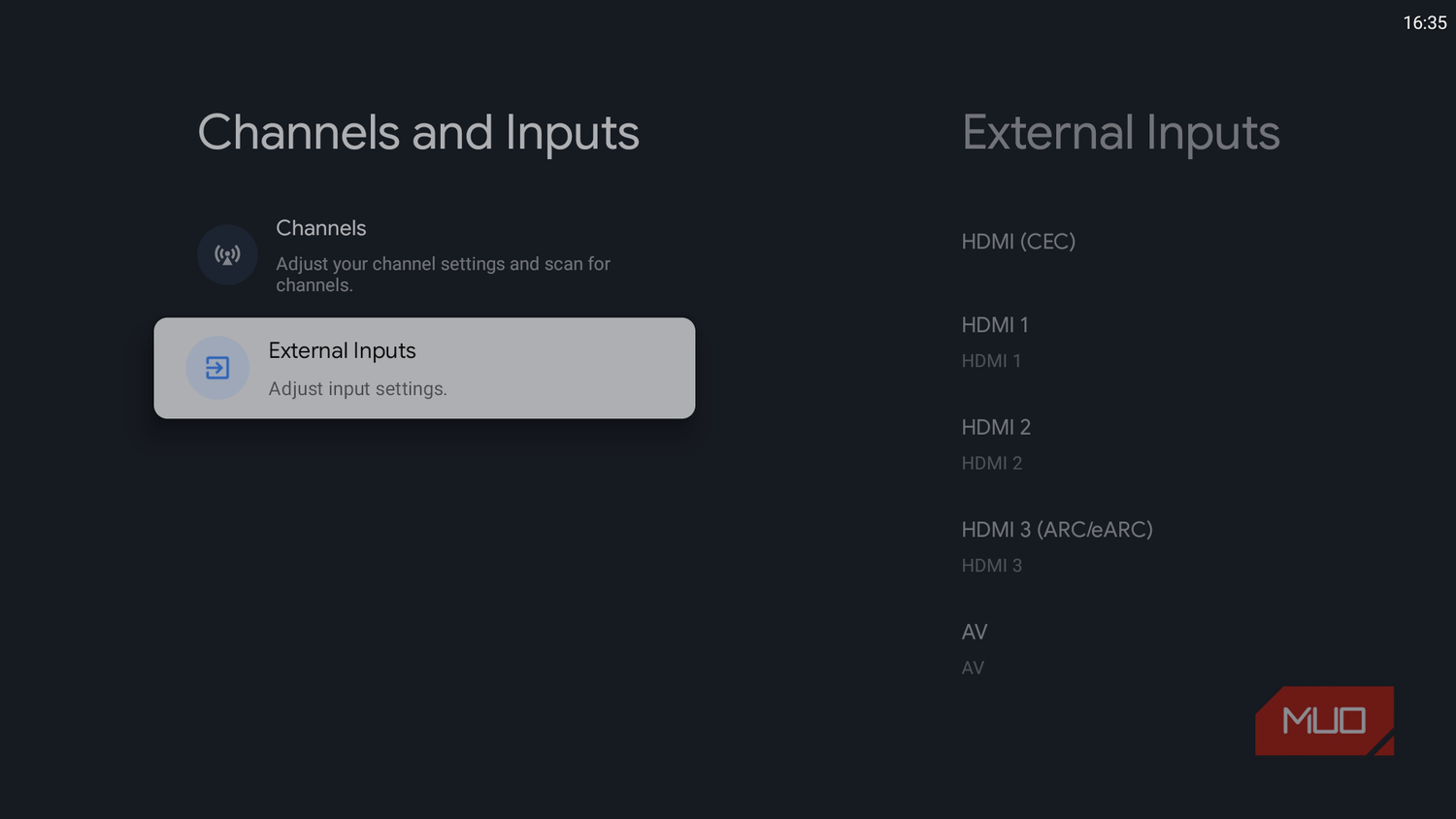 Channels and inputs setting on TV