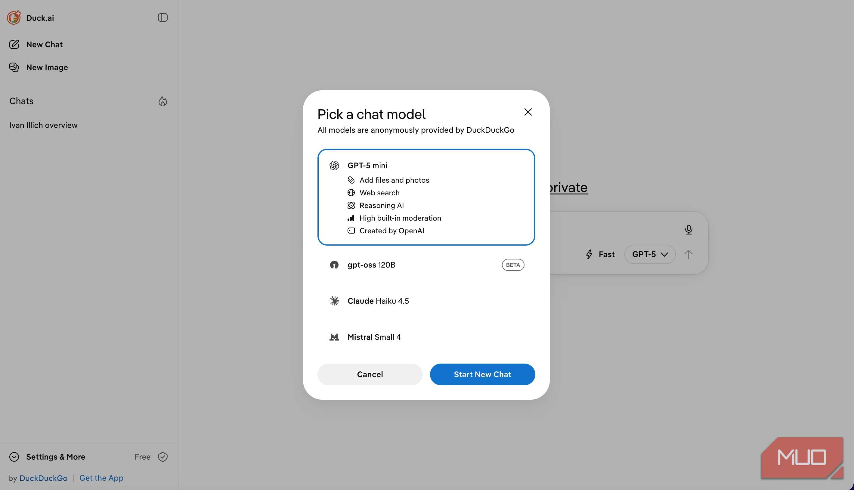 Chat model selection screen in DuckDuckGo