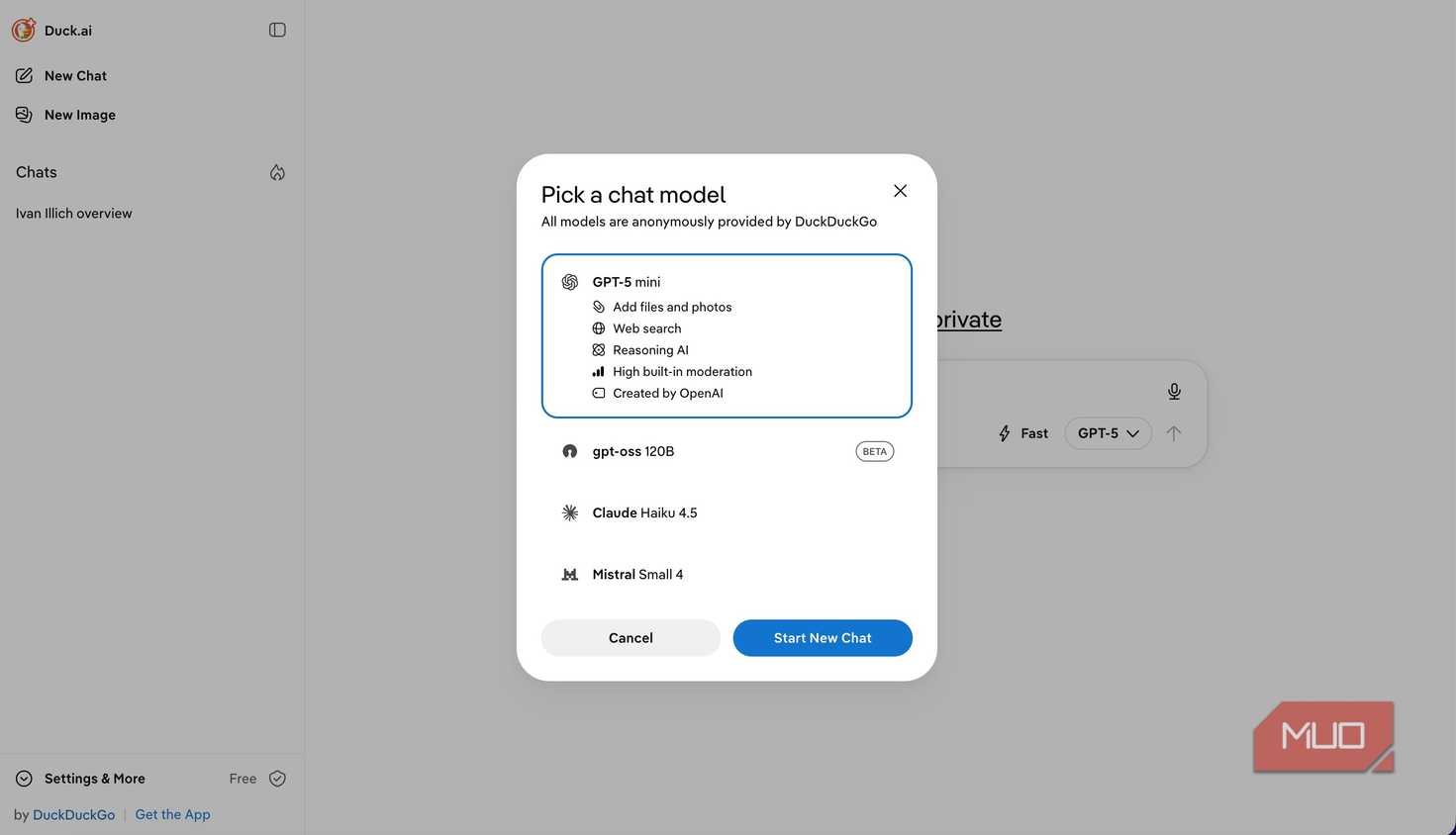 Chat model selection screen in DuckDuckGo
