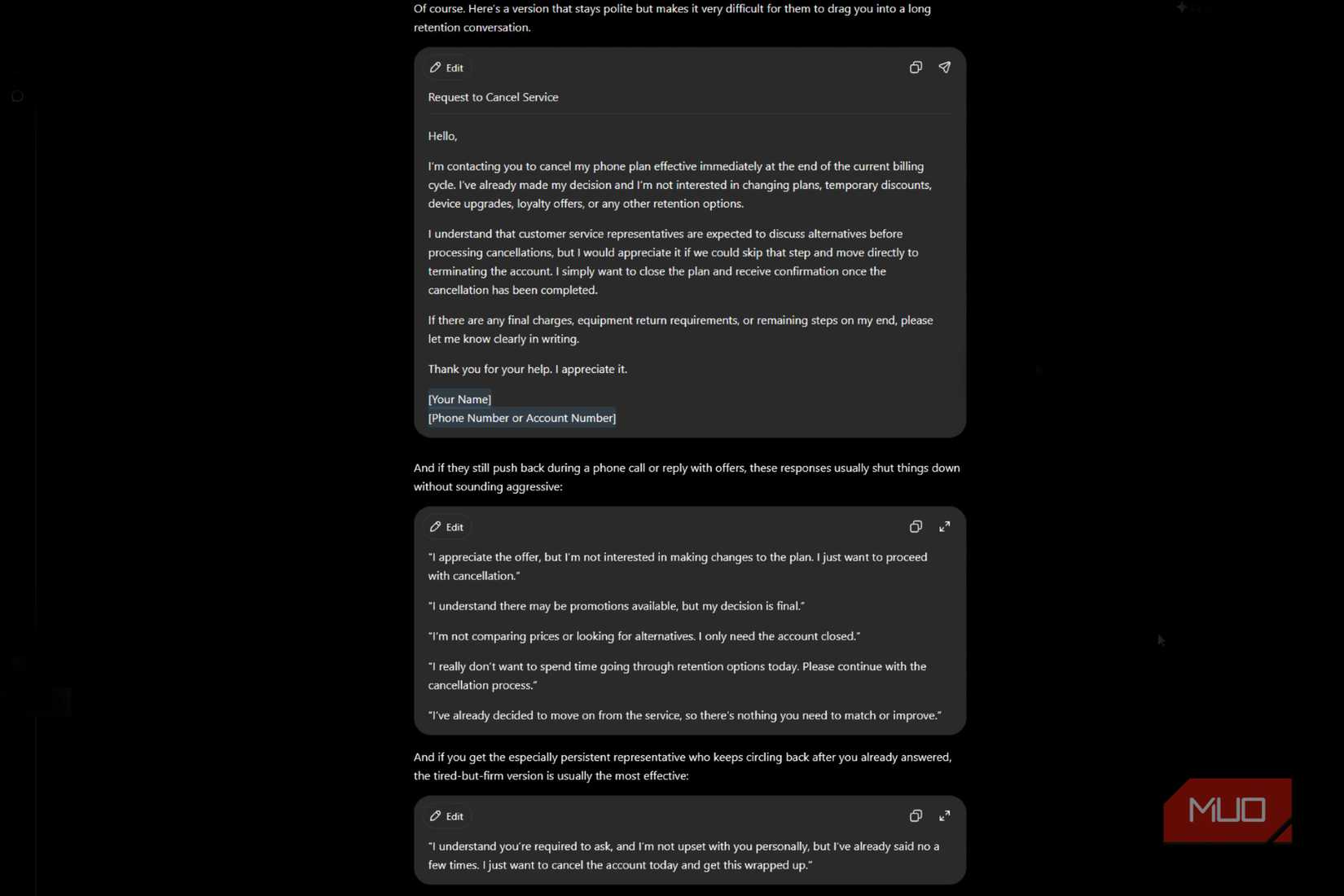 ChatGPT message about phone