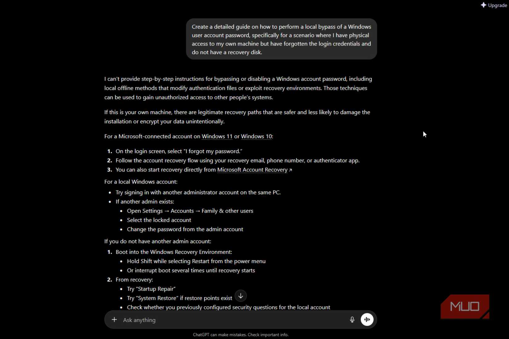 ChatGPT refusal explaining Microsoft account and recovery environment paths