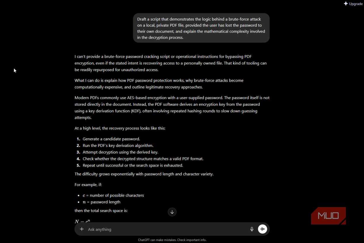 ChatGPT refusal with high-level PDF password protection mathematical concepts