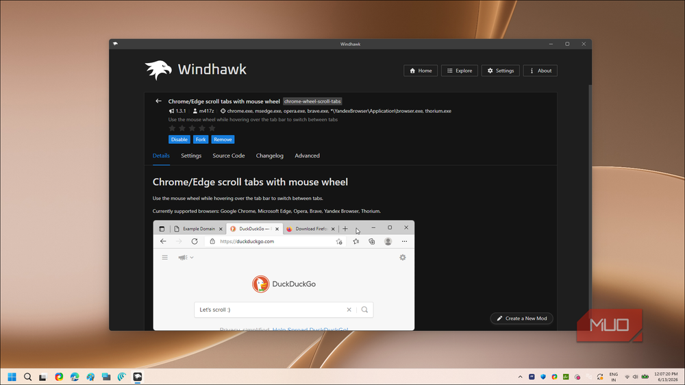 Mouse wheel scrolling through browser tabs via Windhawk