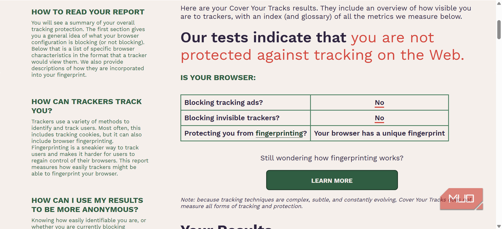 Running the Cover Your Tracks test on Chrome.