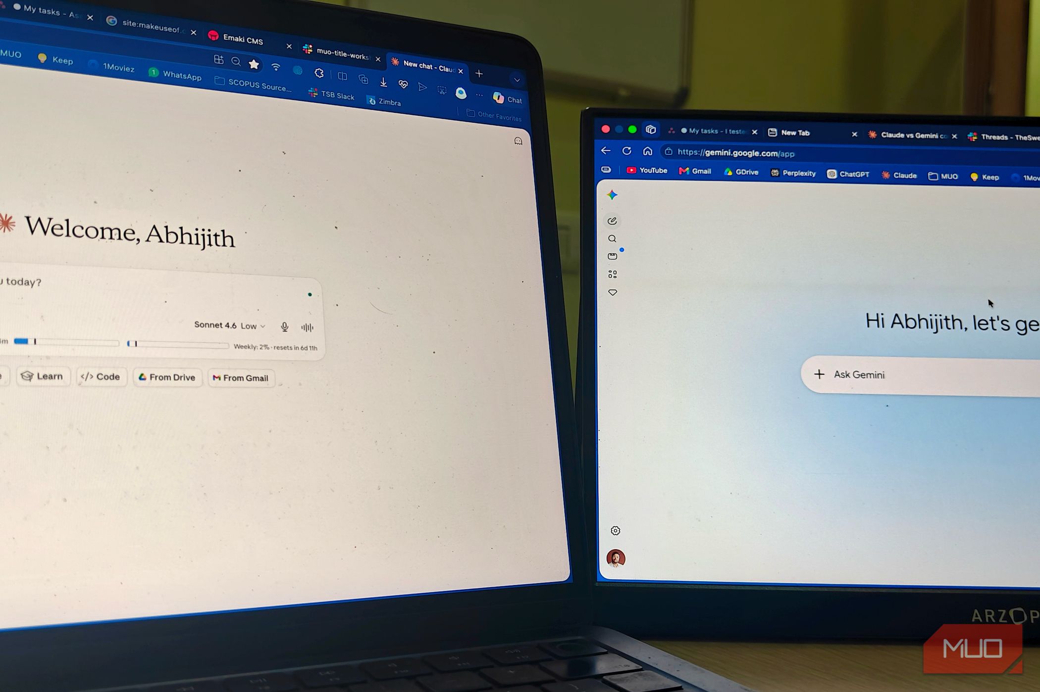 an image showing claude and gemini opened on two screens