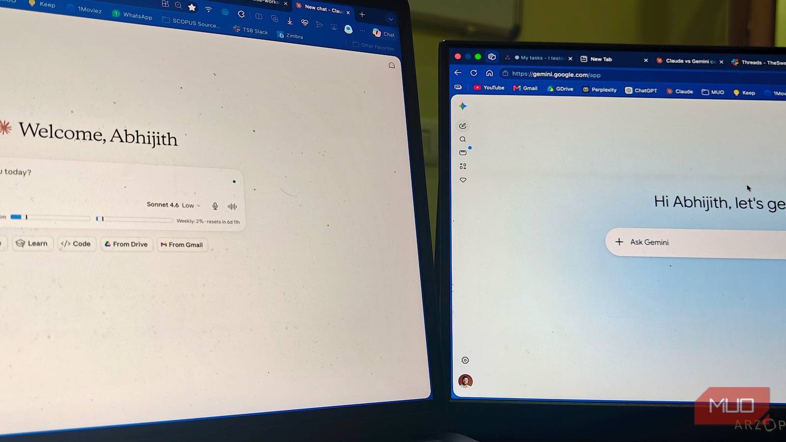 an image showing claude and gemini opened on two screens