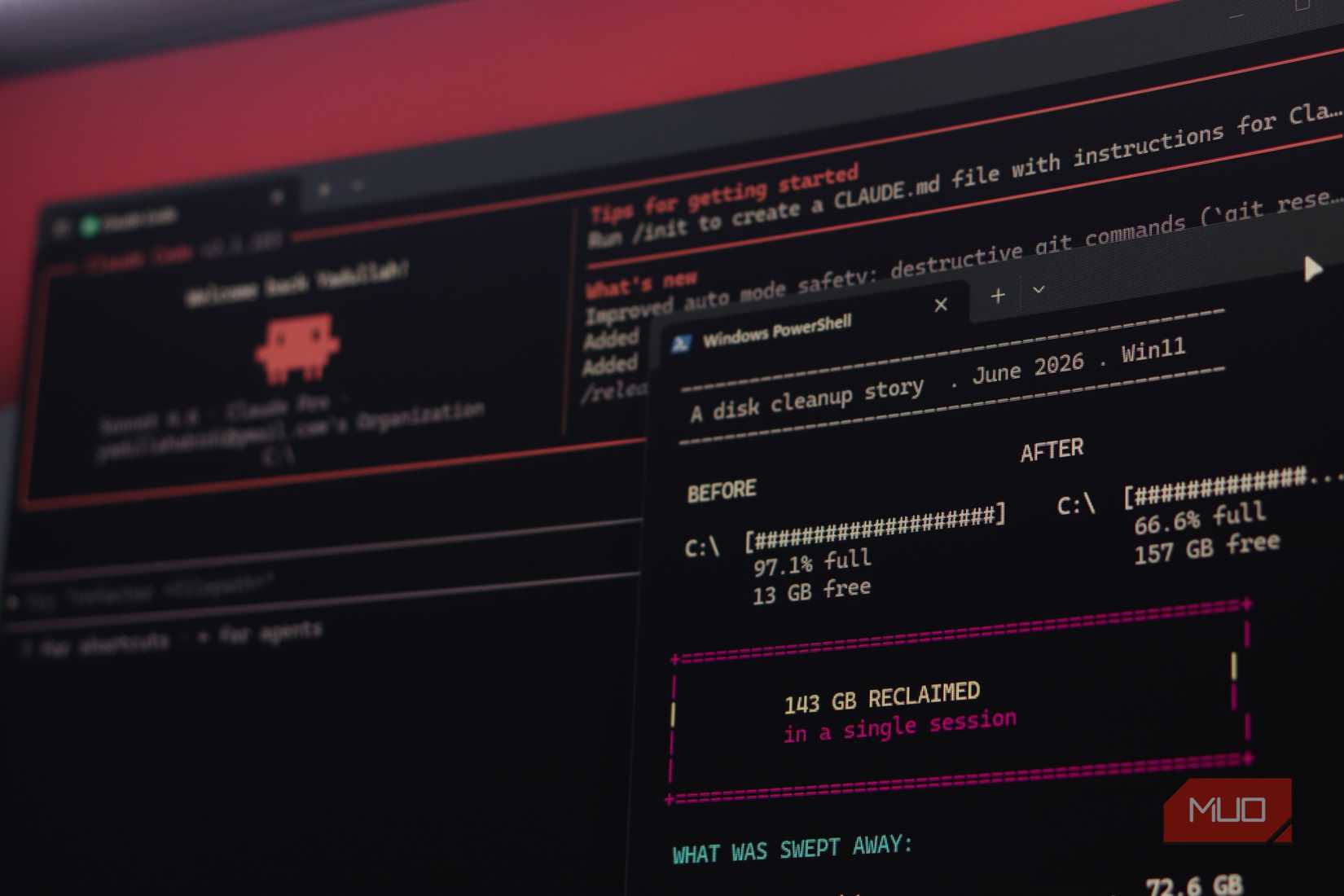 Claude Code with storage cleanup summary.