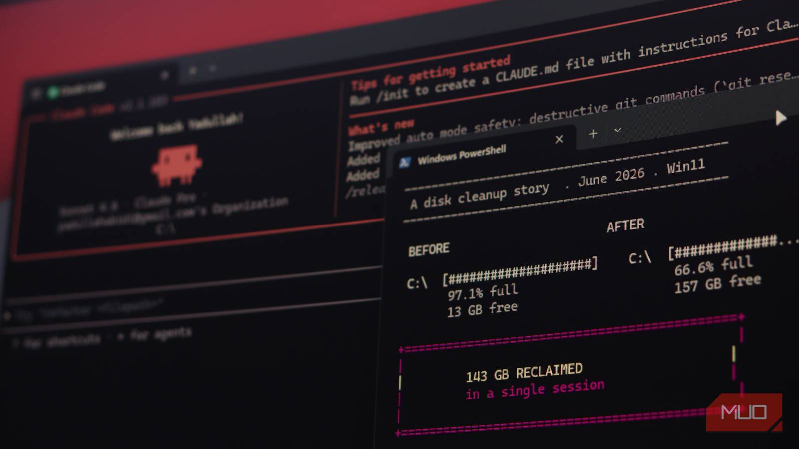Claude Code with storage cleanup summary.