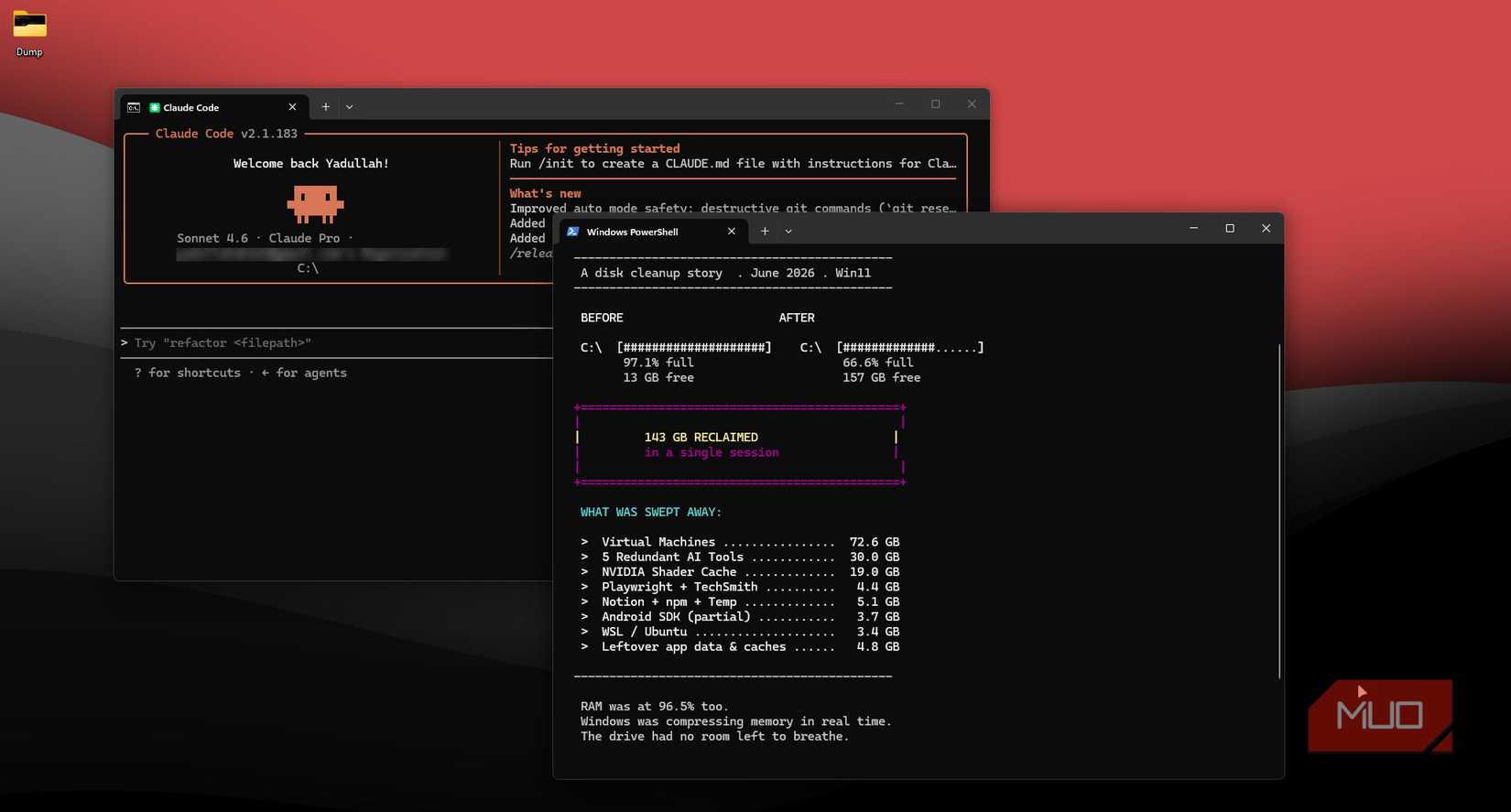 Claude Code with storage cleanup summary