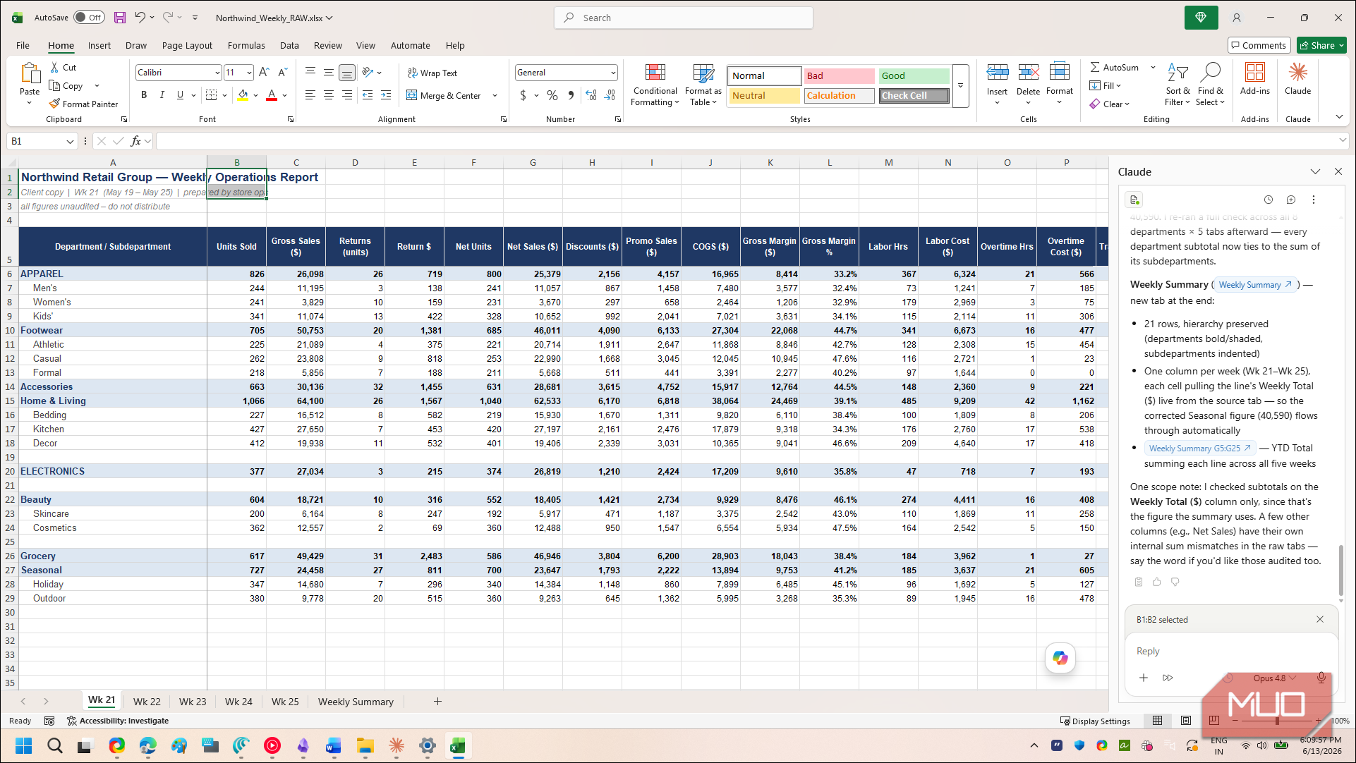 Claude Excel addin weekly summary output