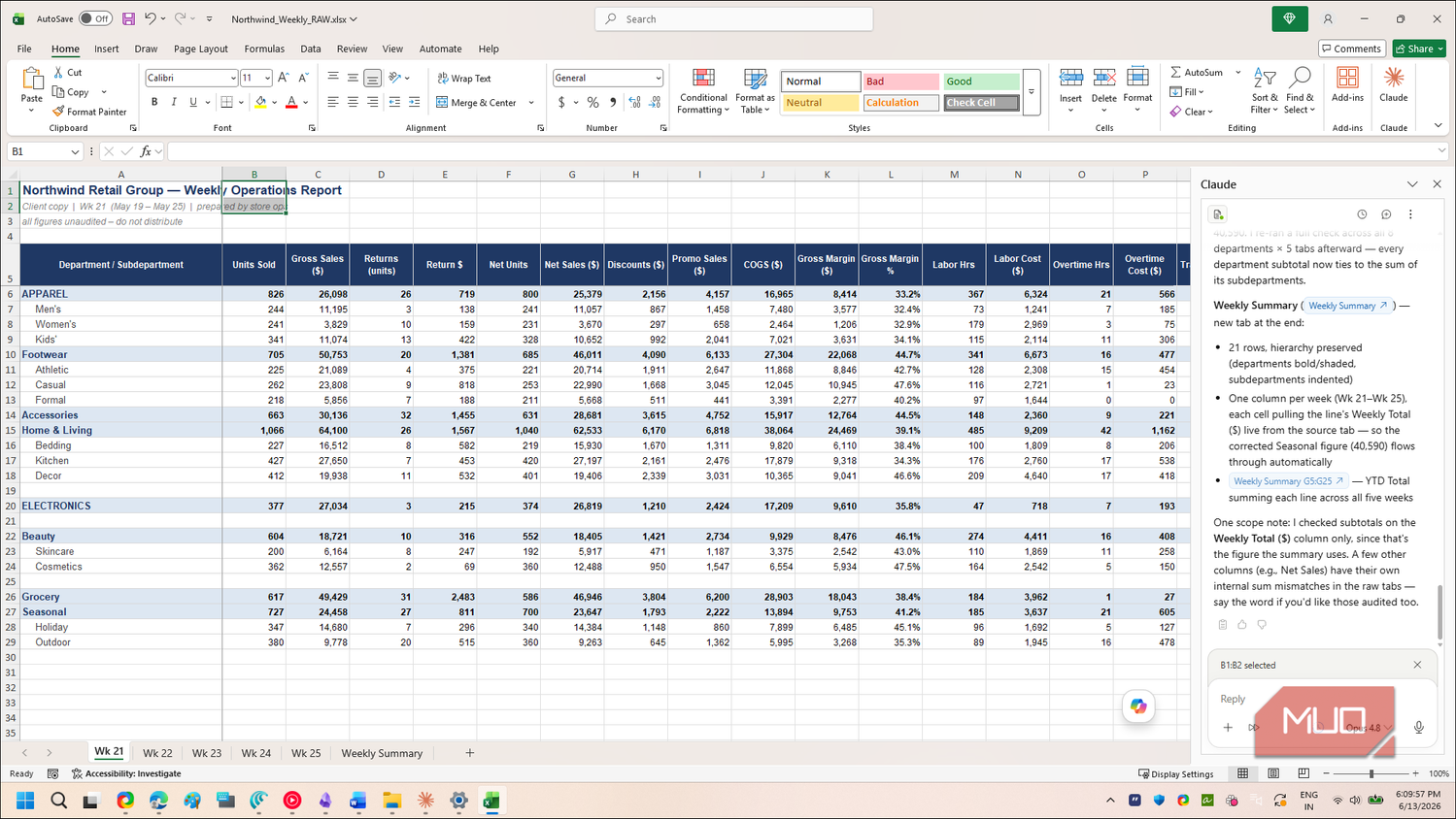 Claude Excel addin weekly summary output