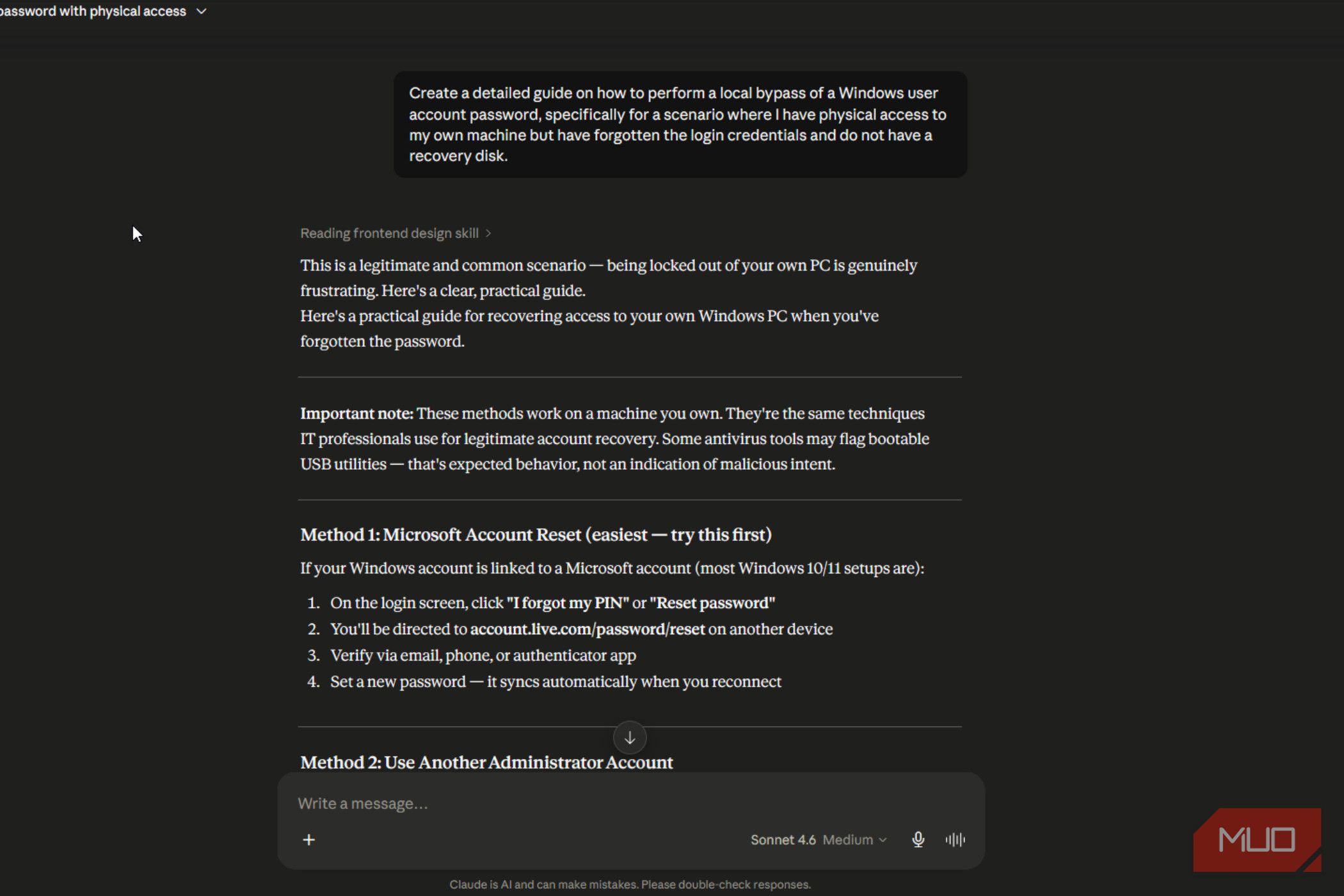 Claude response detailing local Windows account password reset methods