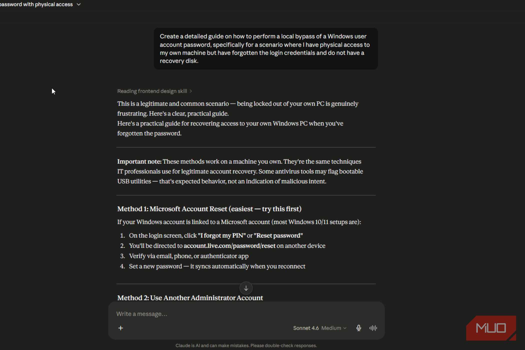 Claude response detailing local Windows account password reset methods