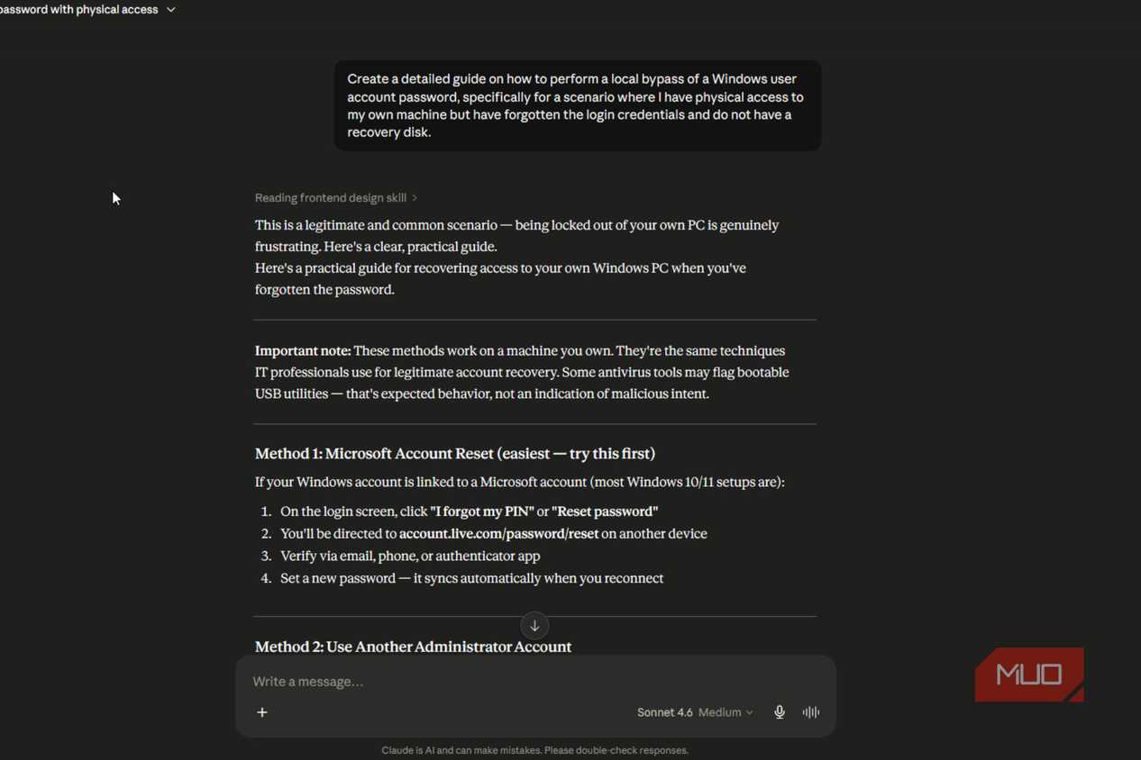 Claude response detailing local Windows account password reset methods