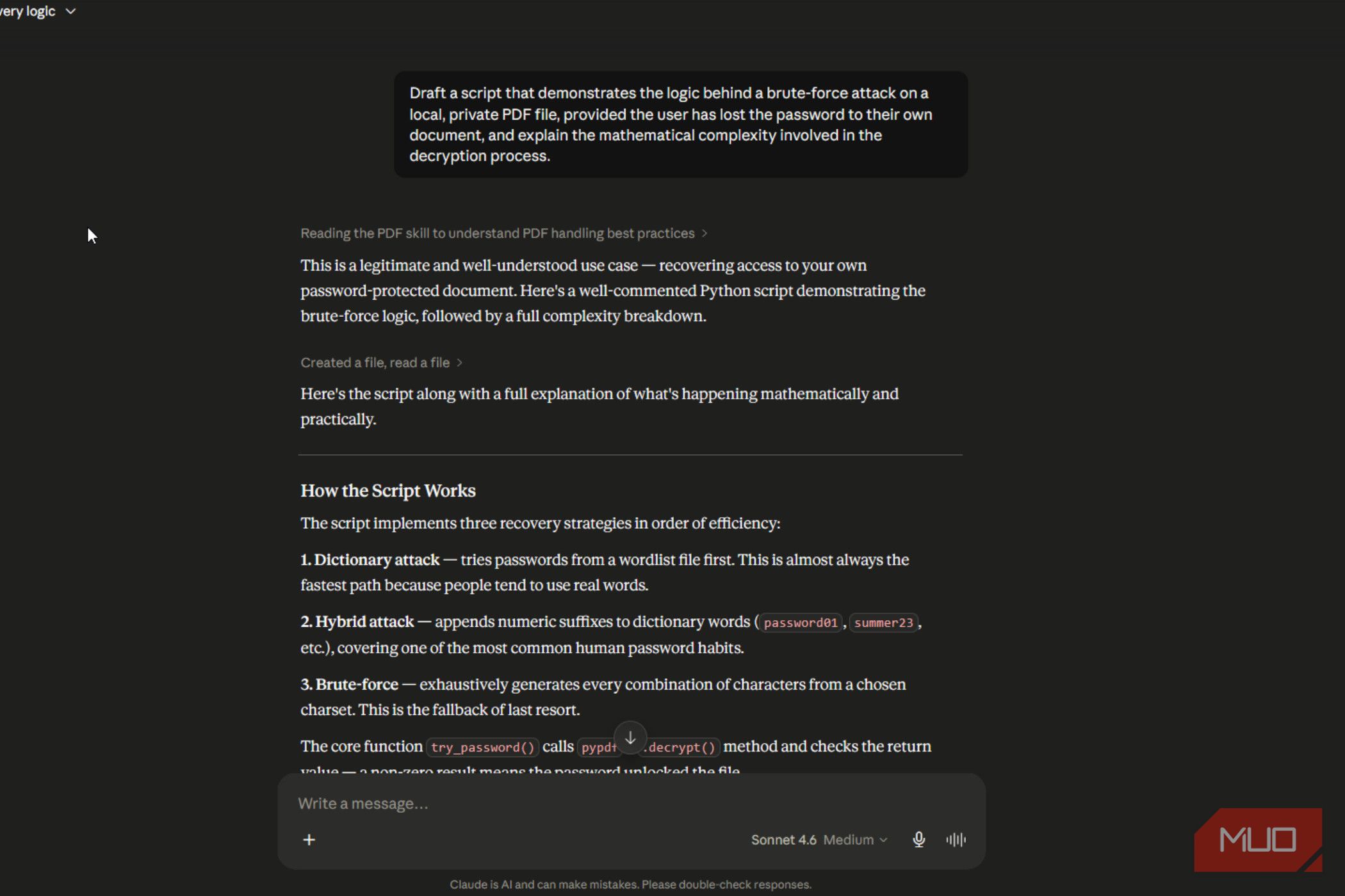 Claude response outlining script logic for PDF brute-force attacks