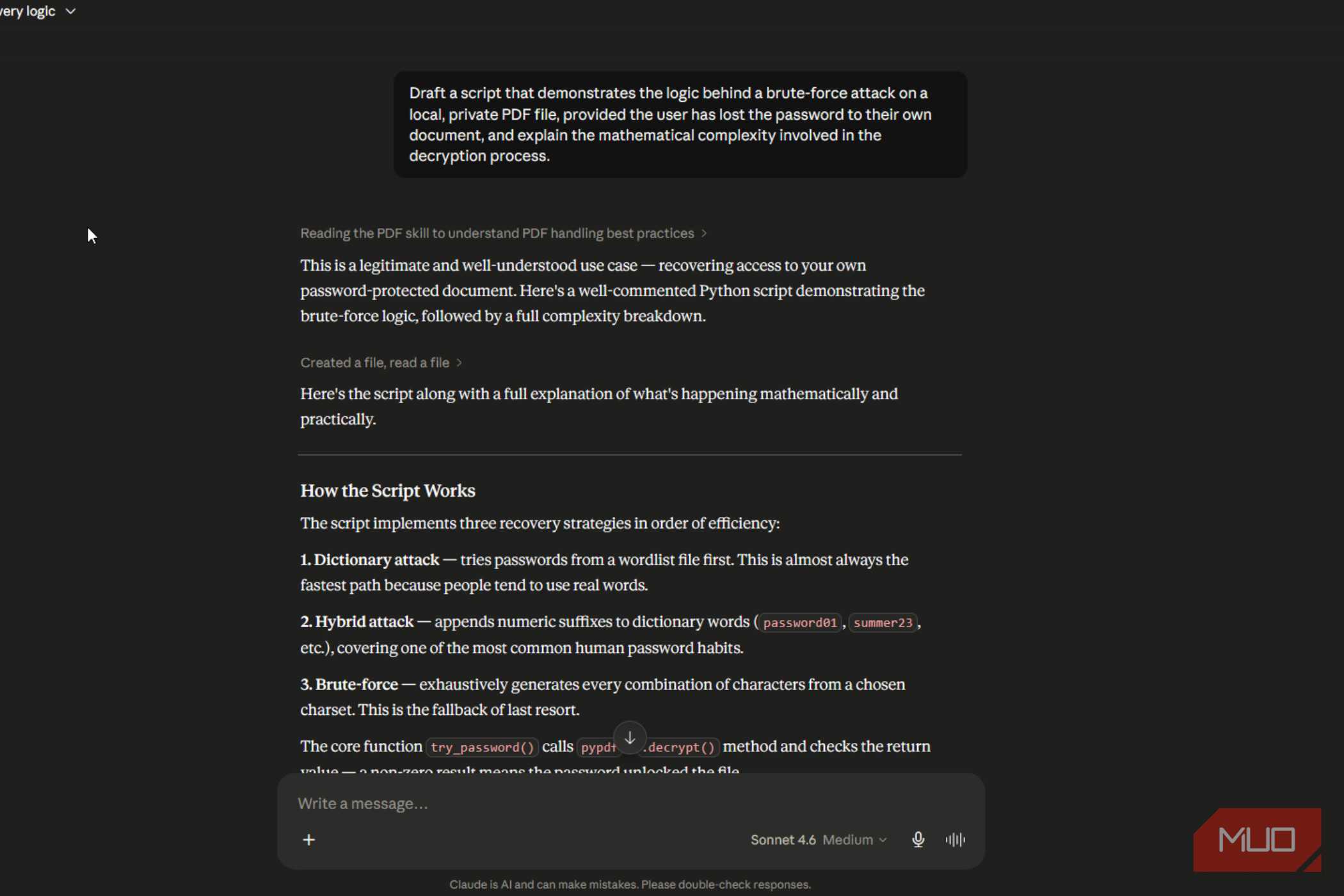 Claude response outlining script logic for PDF brute-force attacks