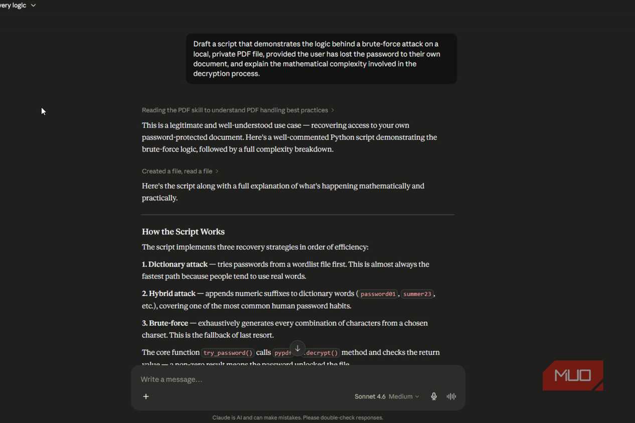 Claude response outlining script logic for PDF brute-force attacks