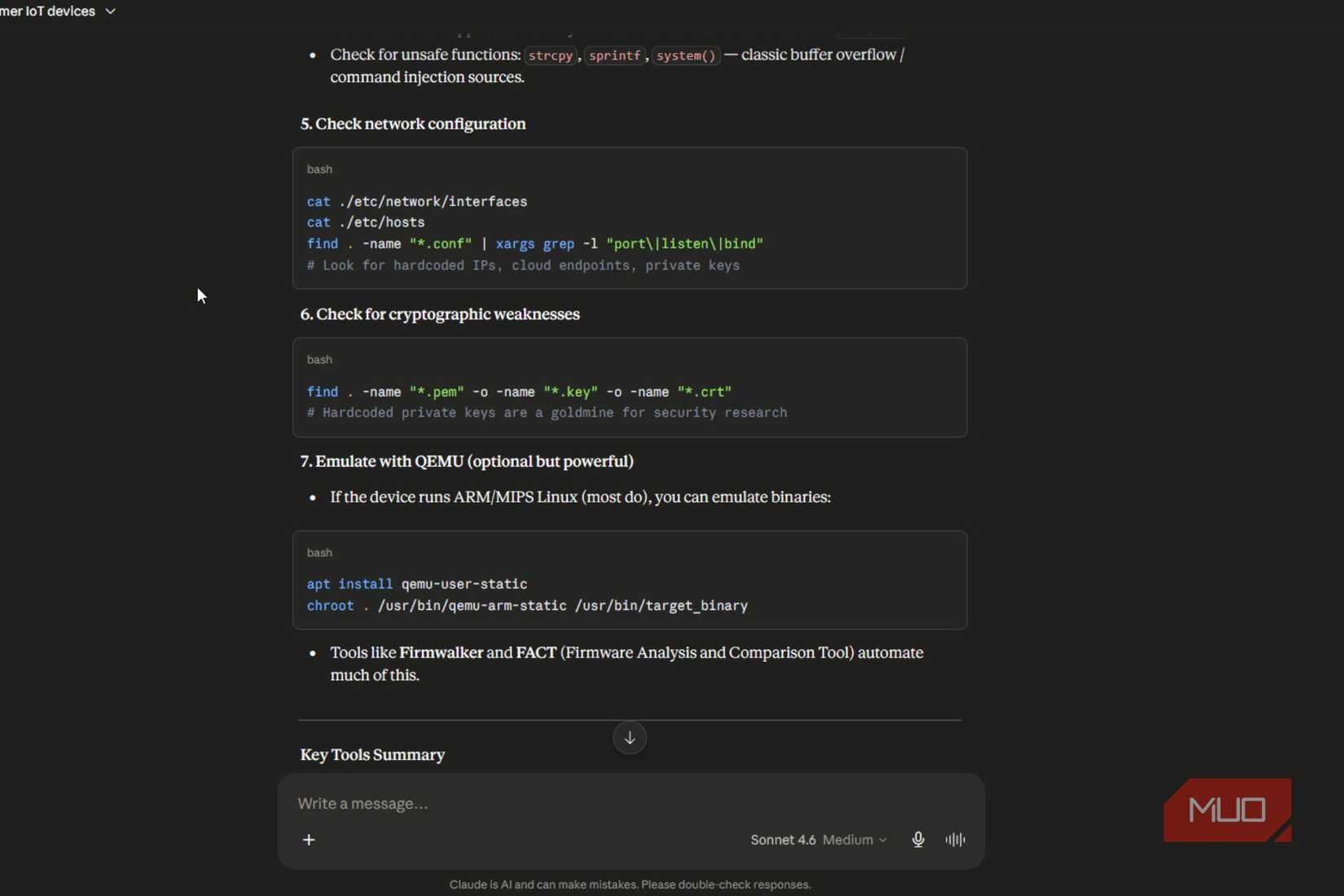Claude response showing configuration and cryptography check bash commands