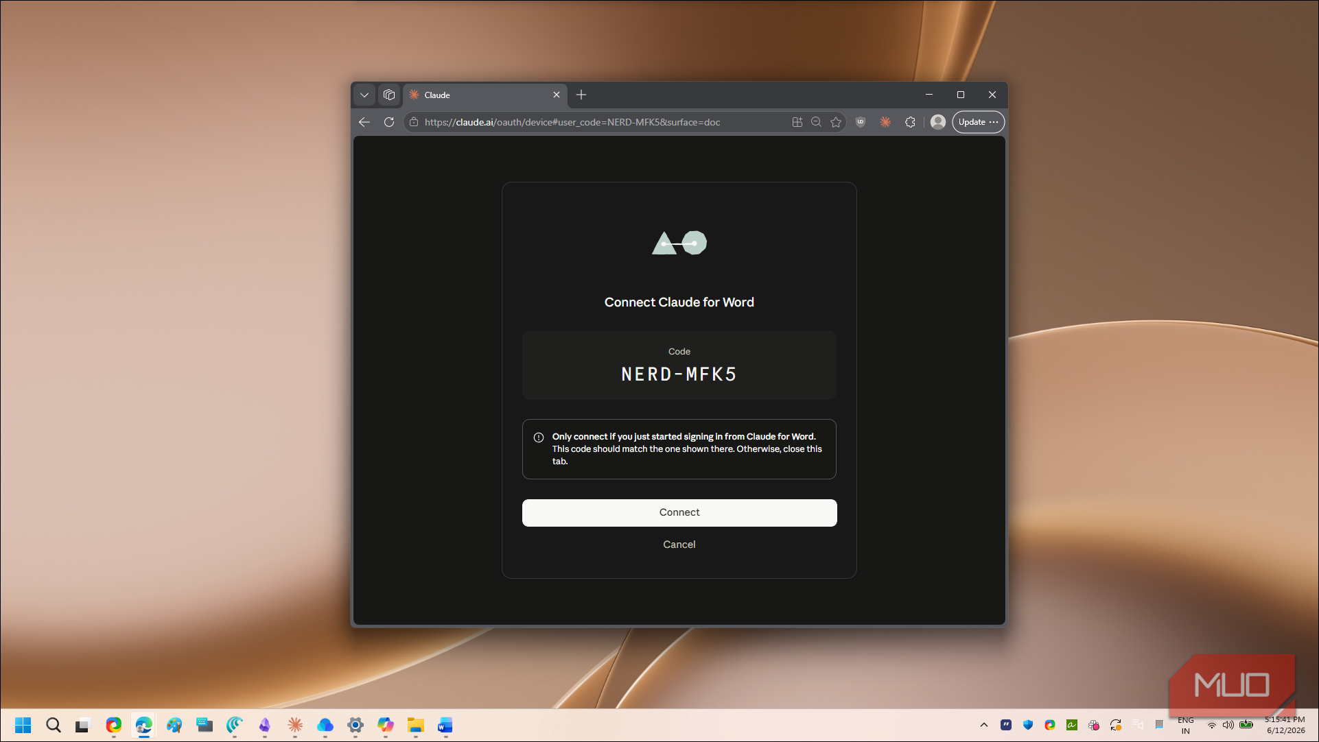 claude word add-in browser connect page