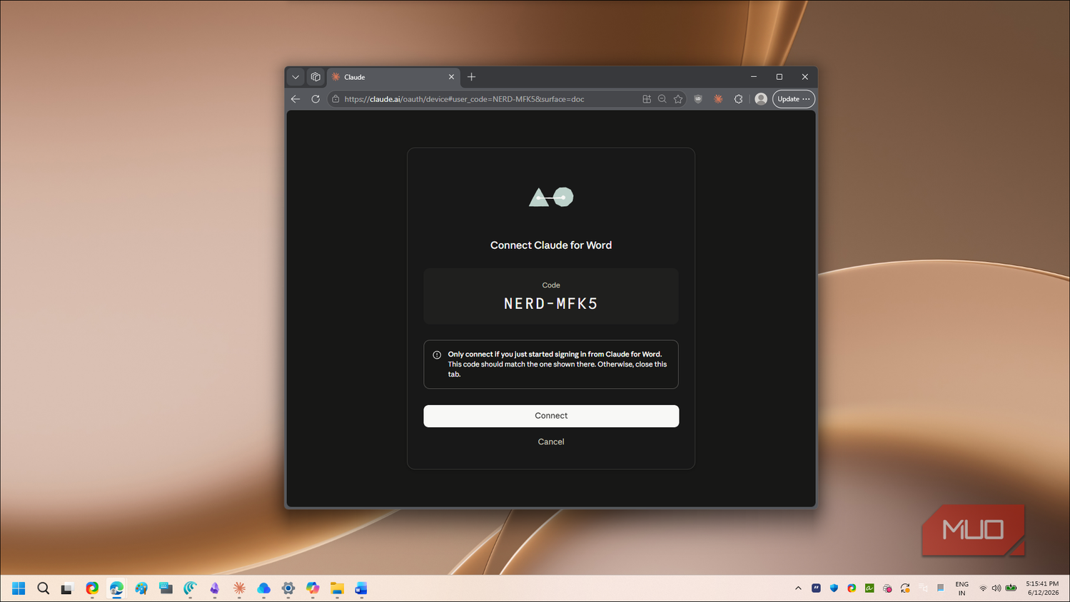 claude word add-in browser connect page