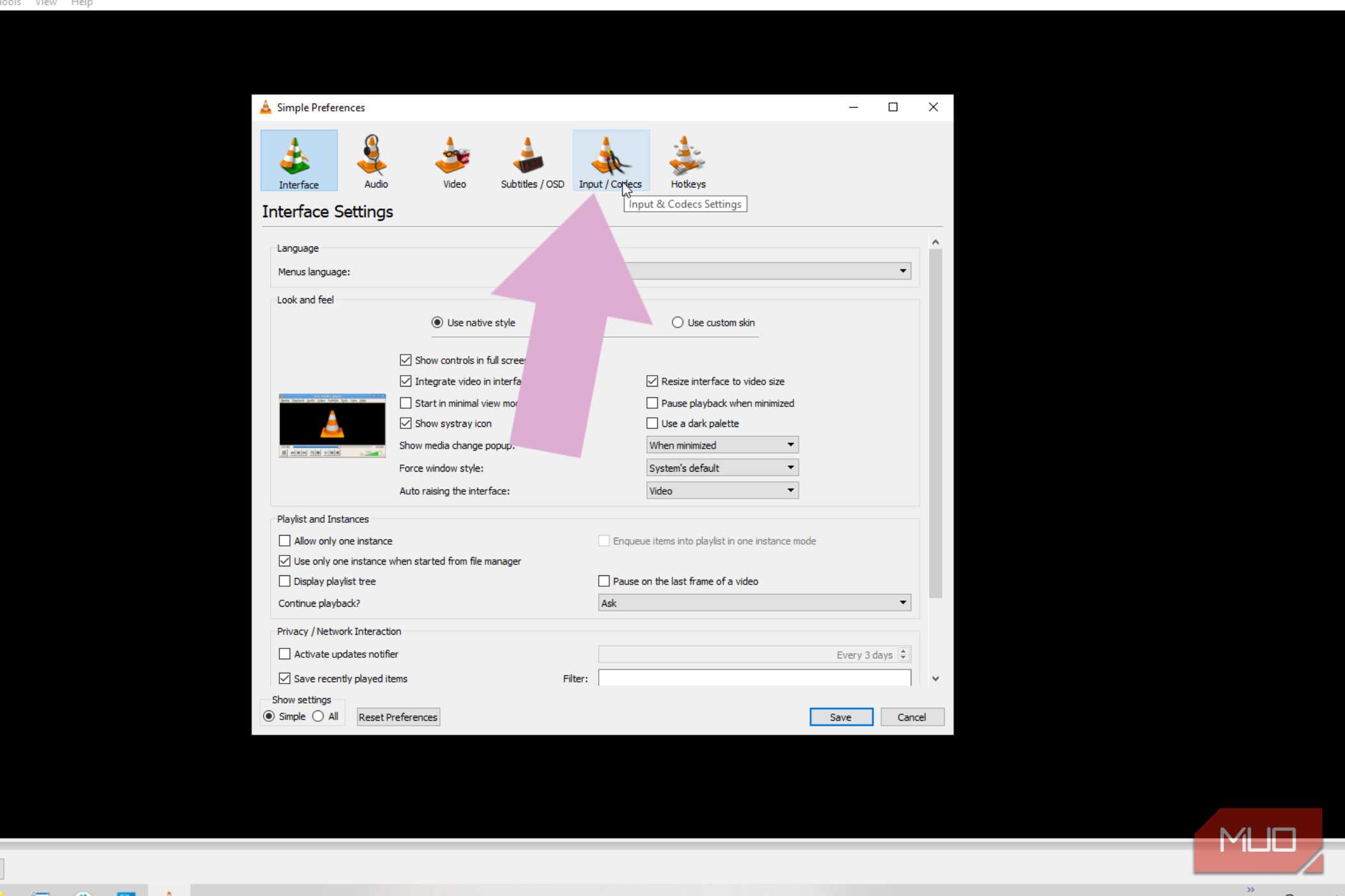 Clicking a menu in preferences in VLC