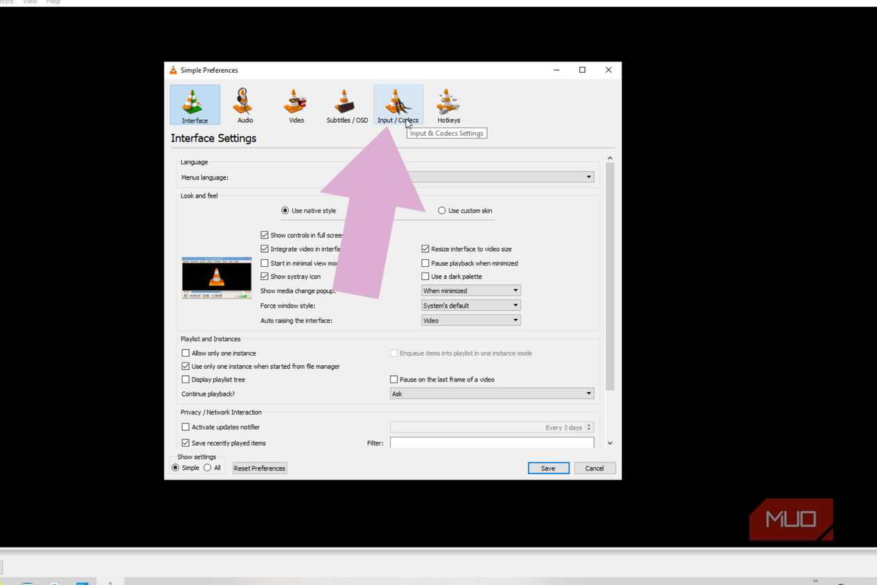 Clicking a menu in preferences in VLC