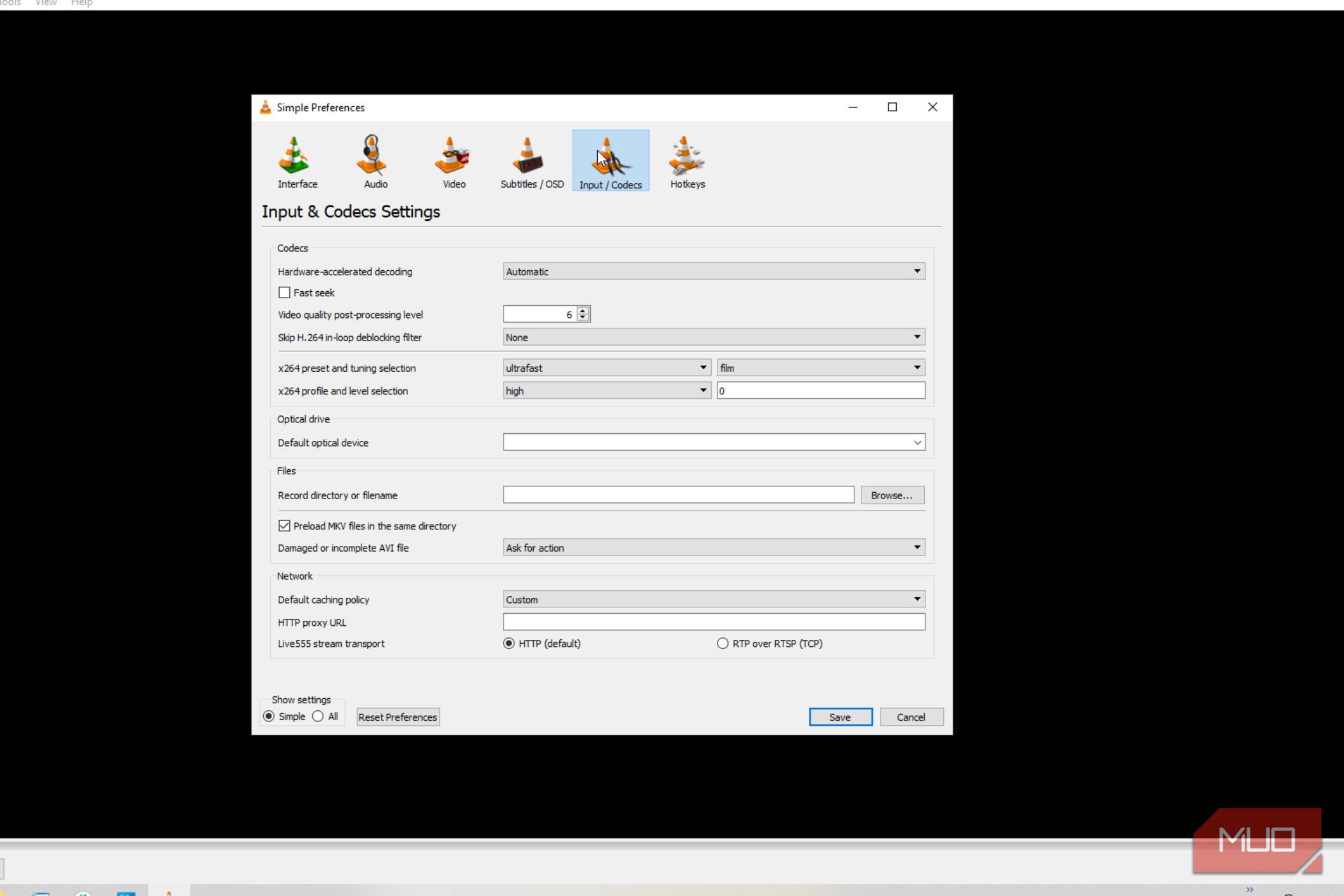 Clicking Codec menu in VLC