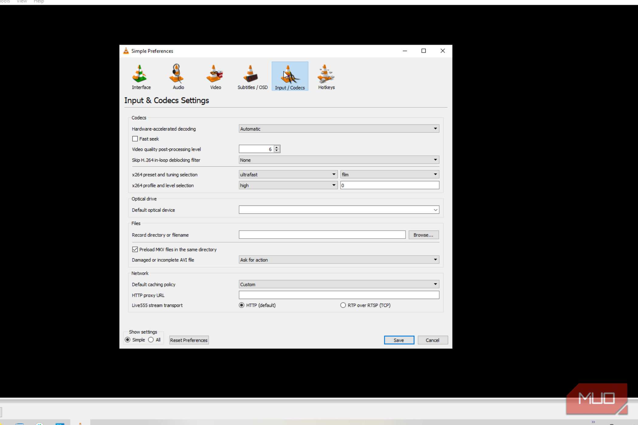 Clicking Codec menu in VLC