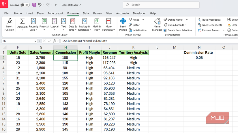 Commission column in Excel.