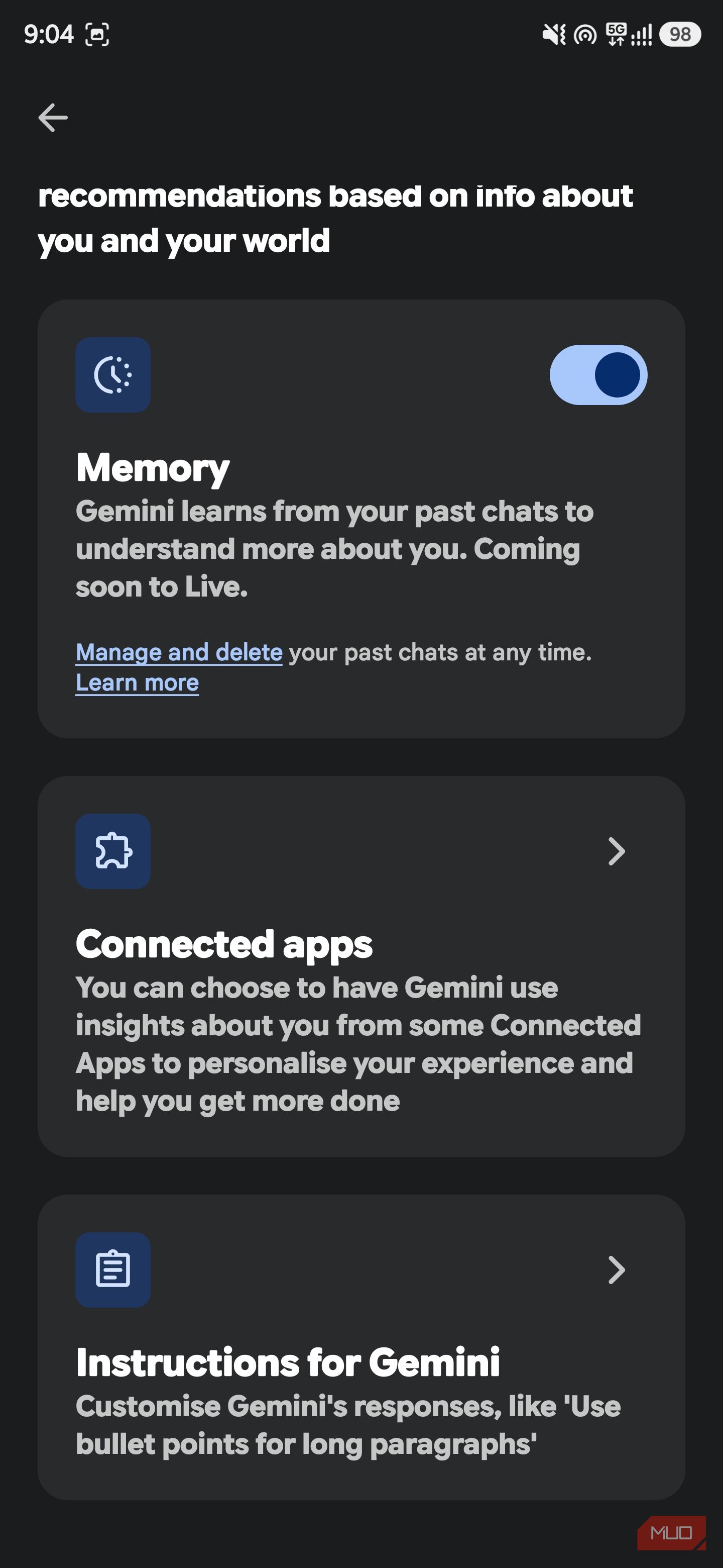 Gemini Personal Intelligence settings page with Memory, Connected Apps, and custom instructions