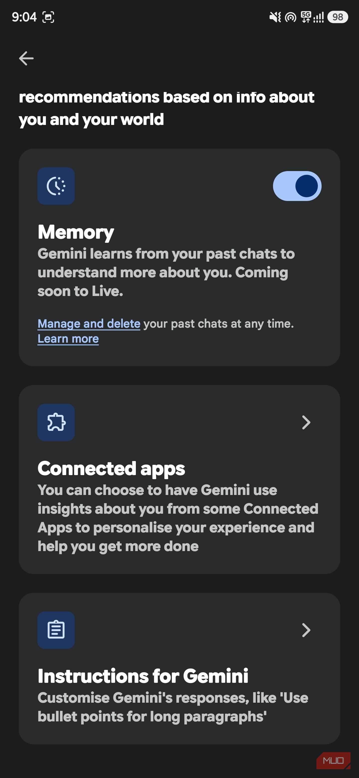 Gemini Personal Intelligence settings page with Memory, Connected Apps, and custom instructions