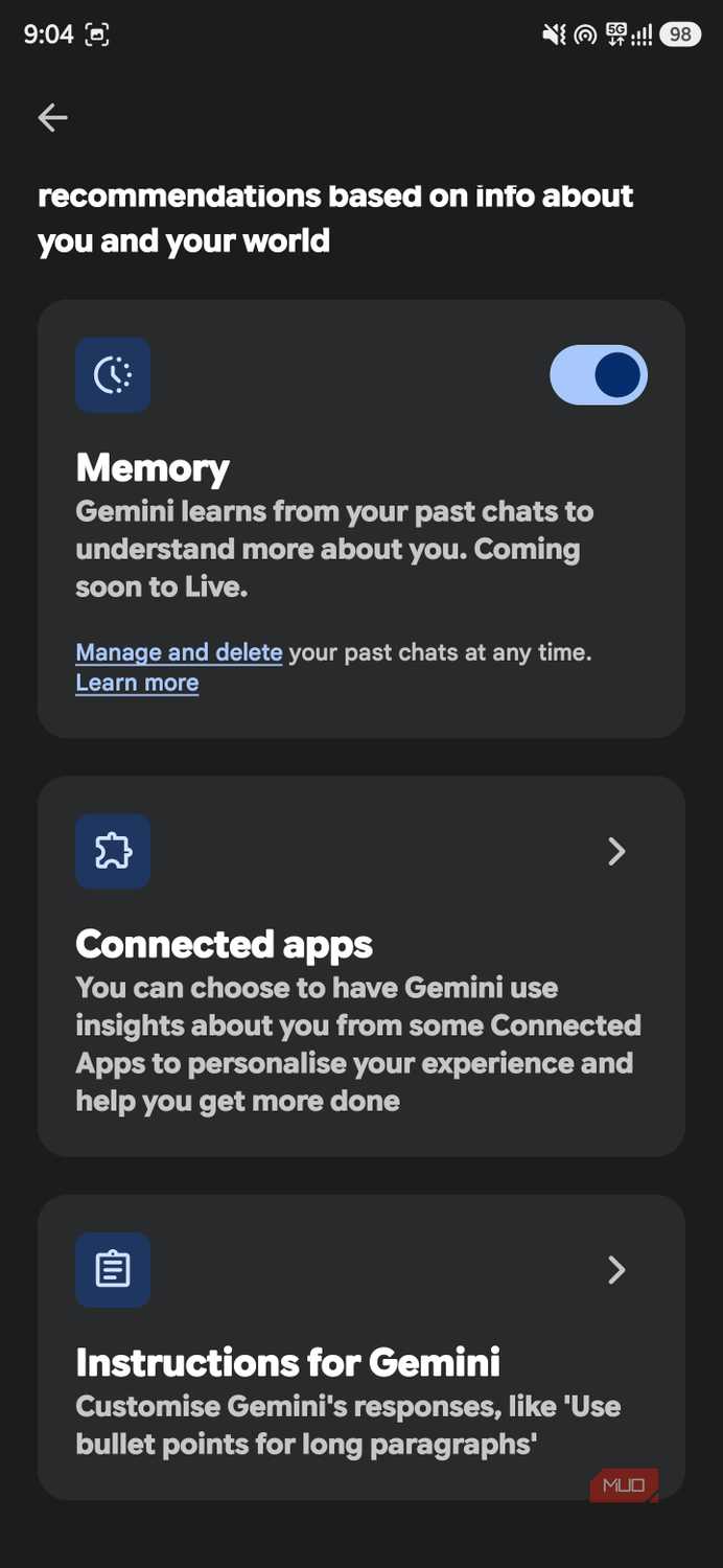 Gemini Personal Intelligence settings page with Memory, Connected Apps, and custom instructions