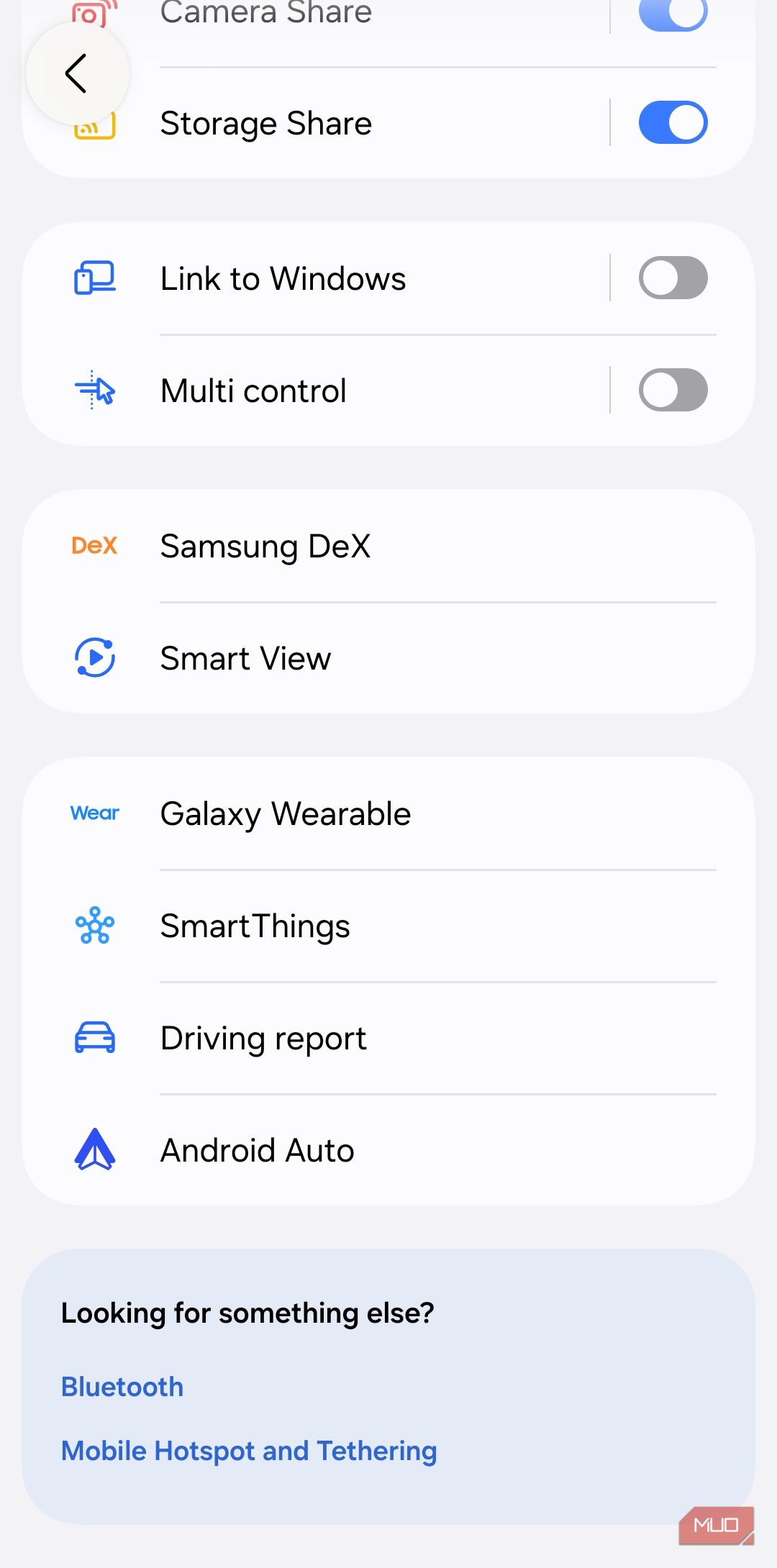 Connected devices menu on Samsung phone