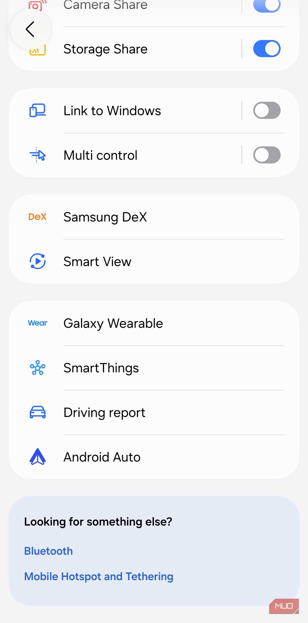 Connected devices menu on Samsung phone