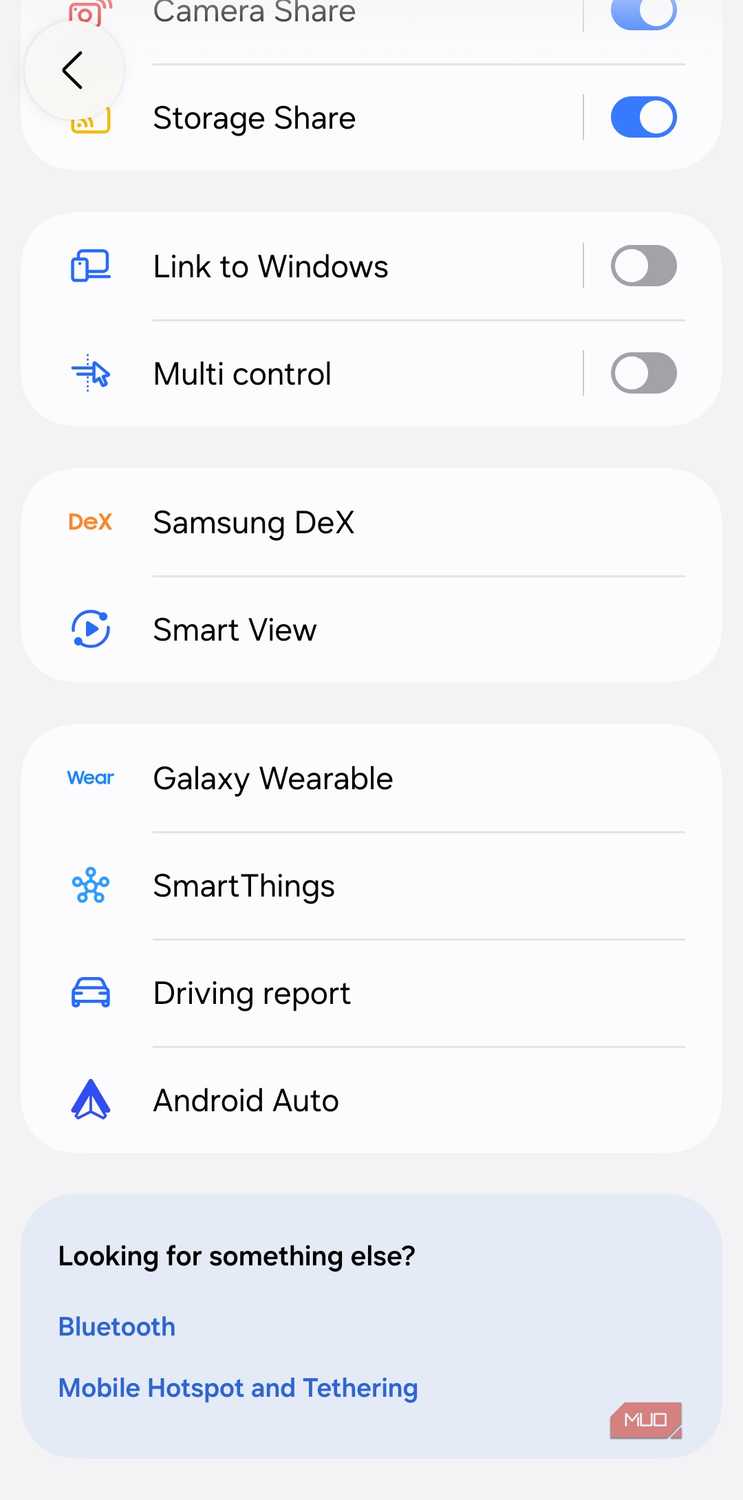 Connected devices menu on Samsung phone