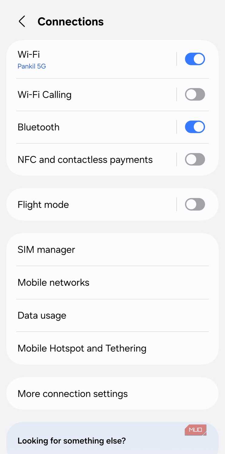 Connections menu on Android phone